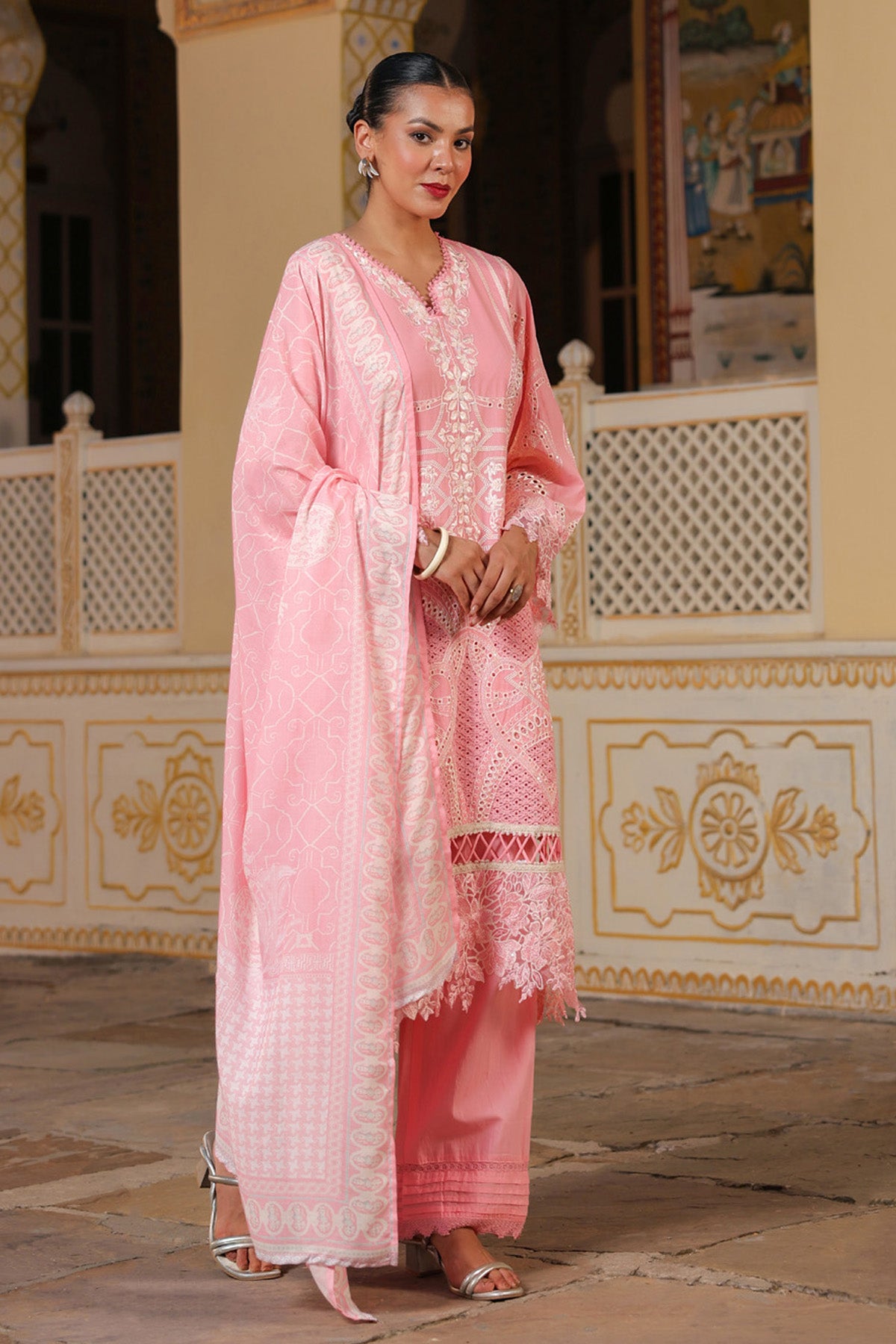 Coral Pink Cotton Embroidered Pakistani Straight Suit Set With Dupatta