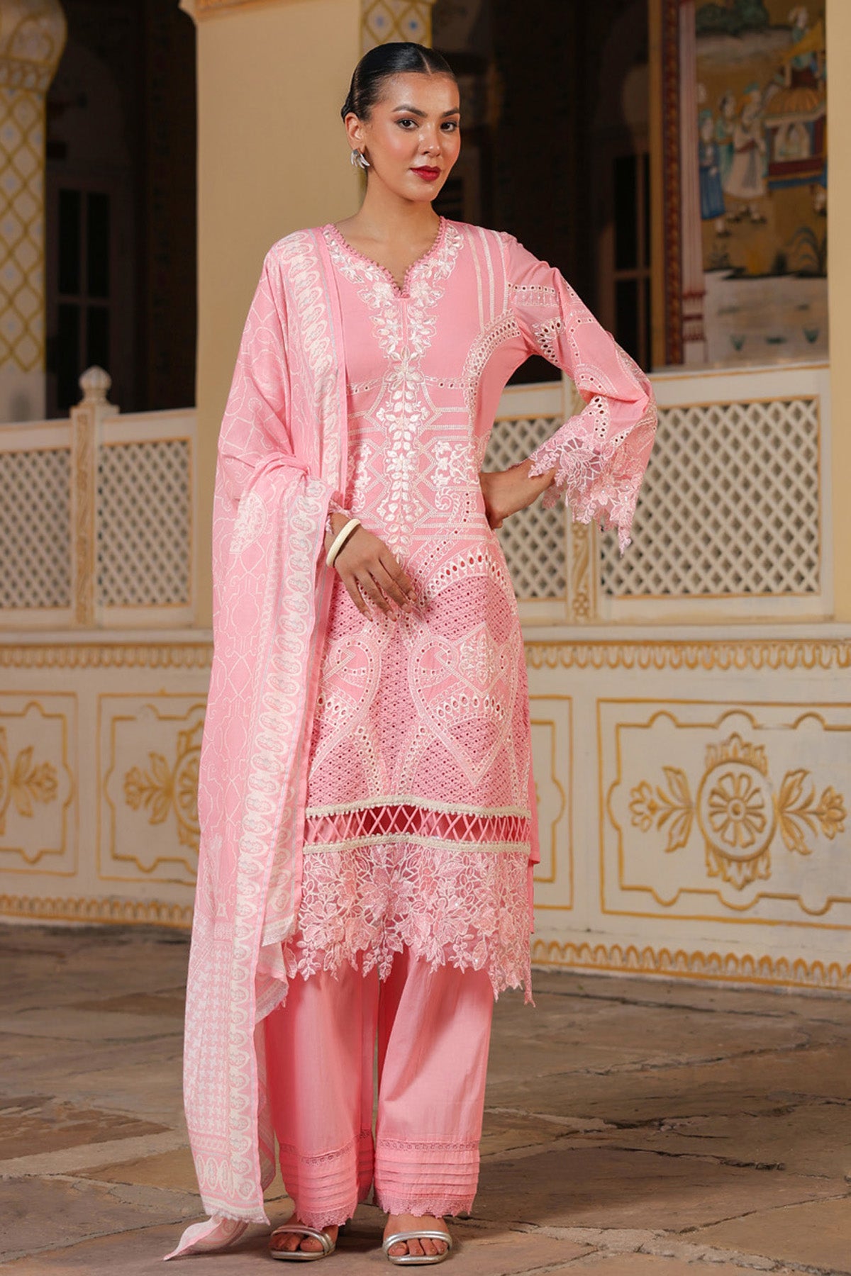 Coral Pink Cotton Embroidered Pakistani Straight Suit Set With Dupatta