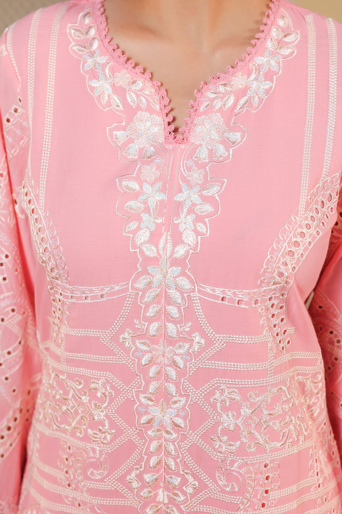 Coral Pink Cotton Embroidered Pakistani Straight Suit Set With Dupatta