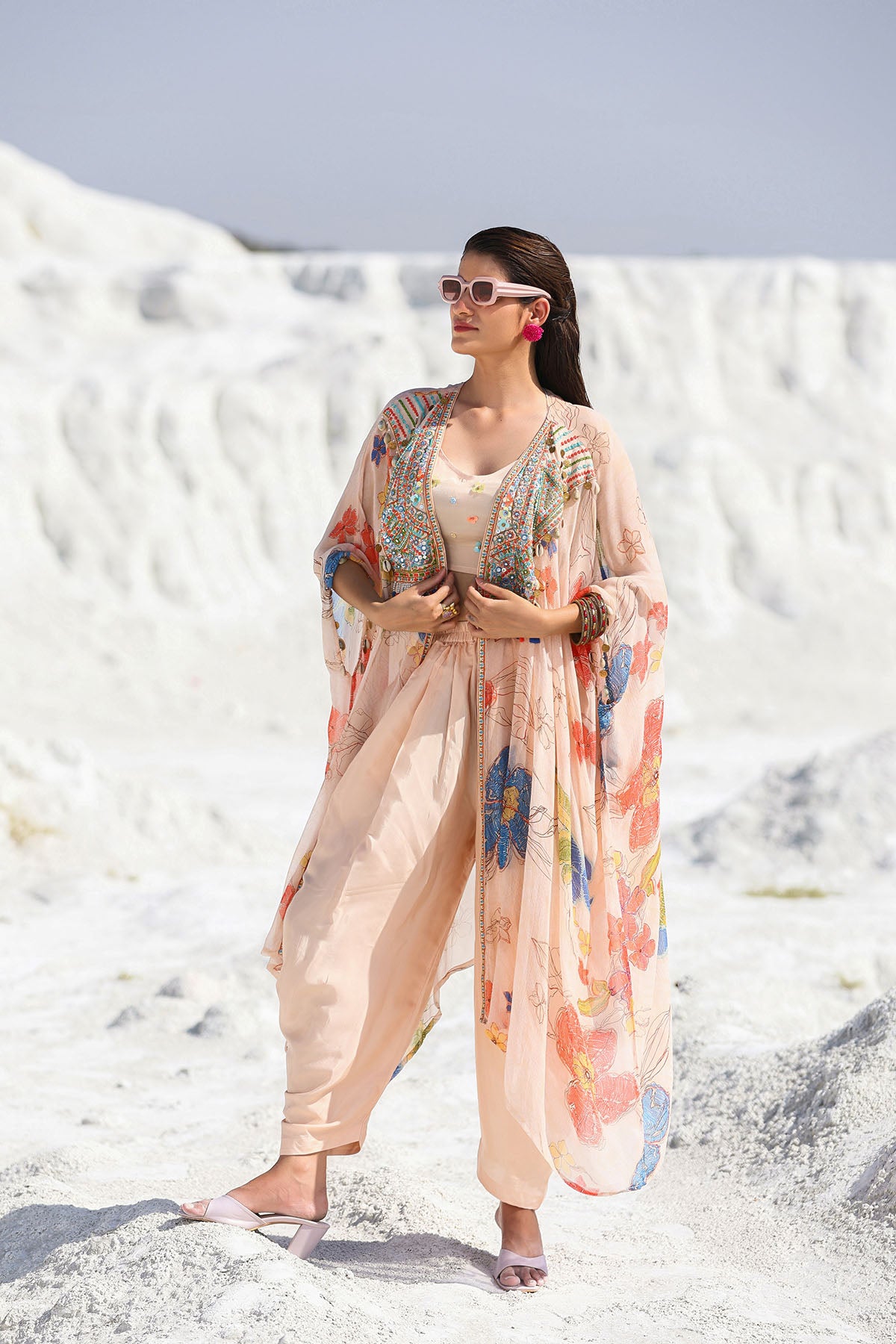 Pink Chiffon Handwork Shrug Dress