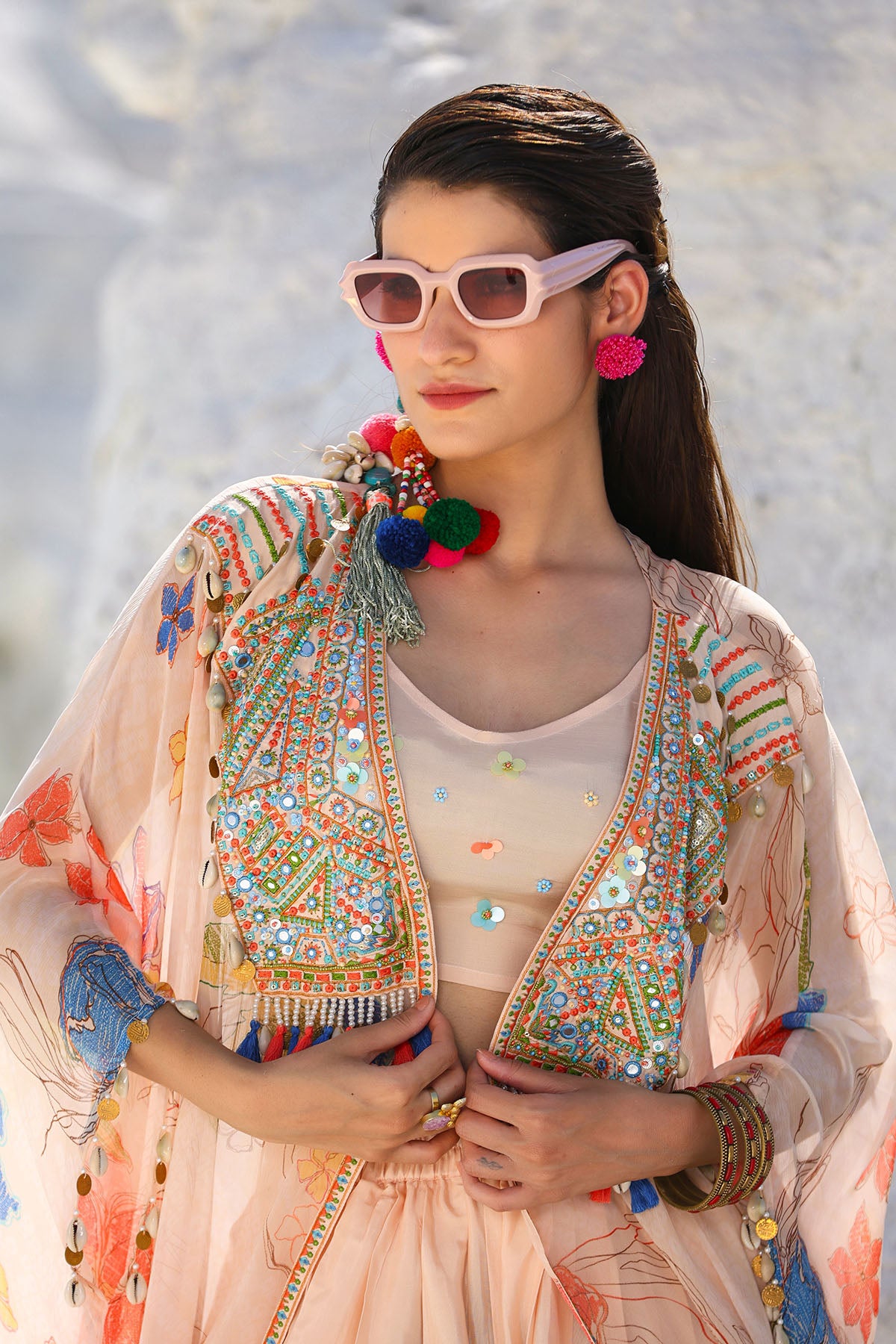 Pink Chiffon Handwork Shrug Dress