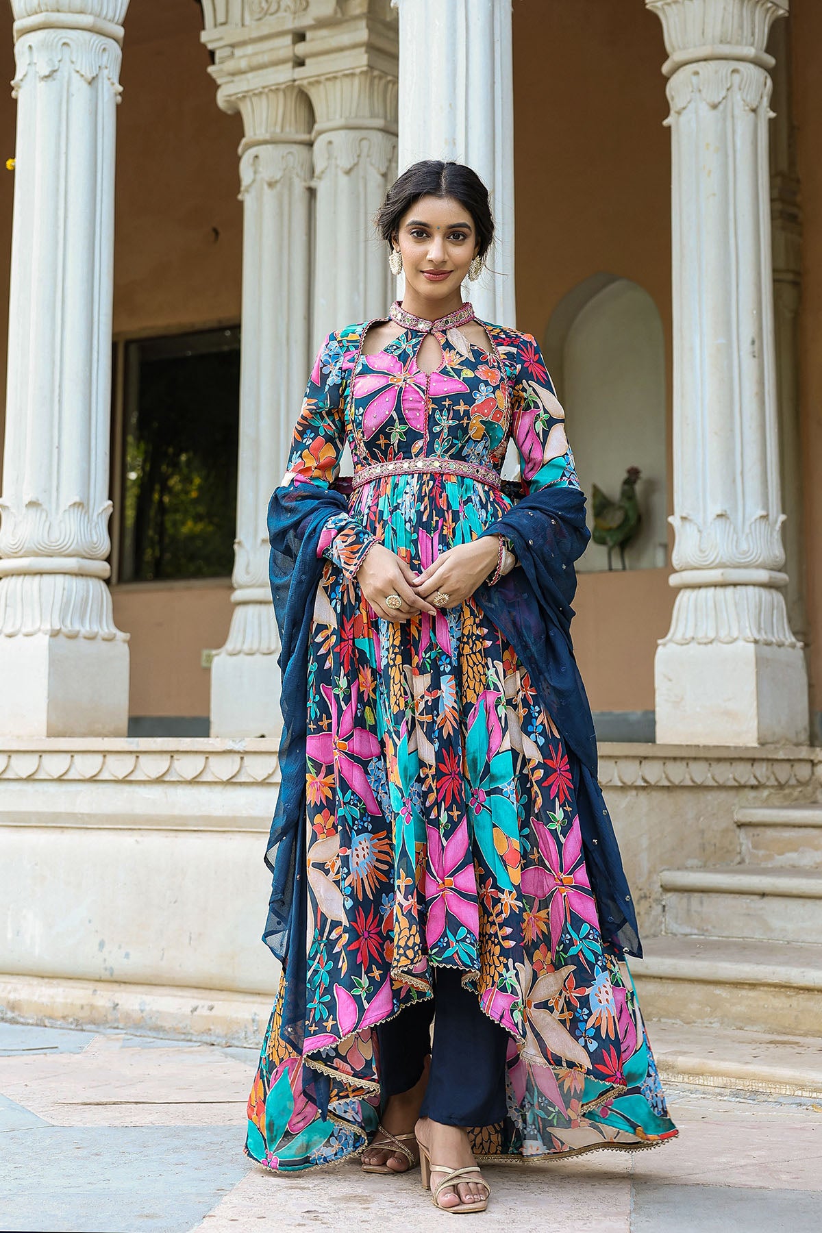 Blue Floral Chinon Handwork Anarkali Suit