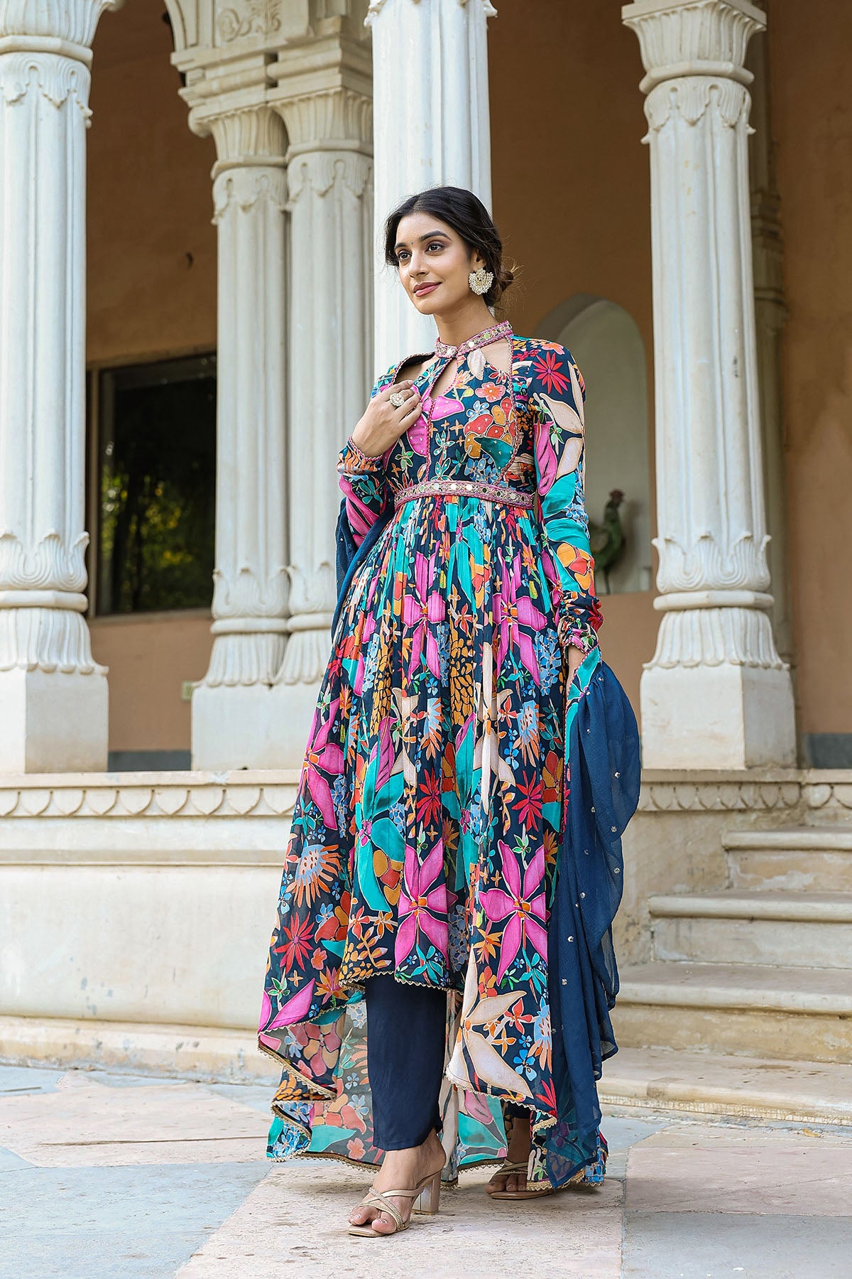 Blue Floral Chinon Handwork Anarkali Suit