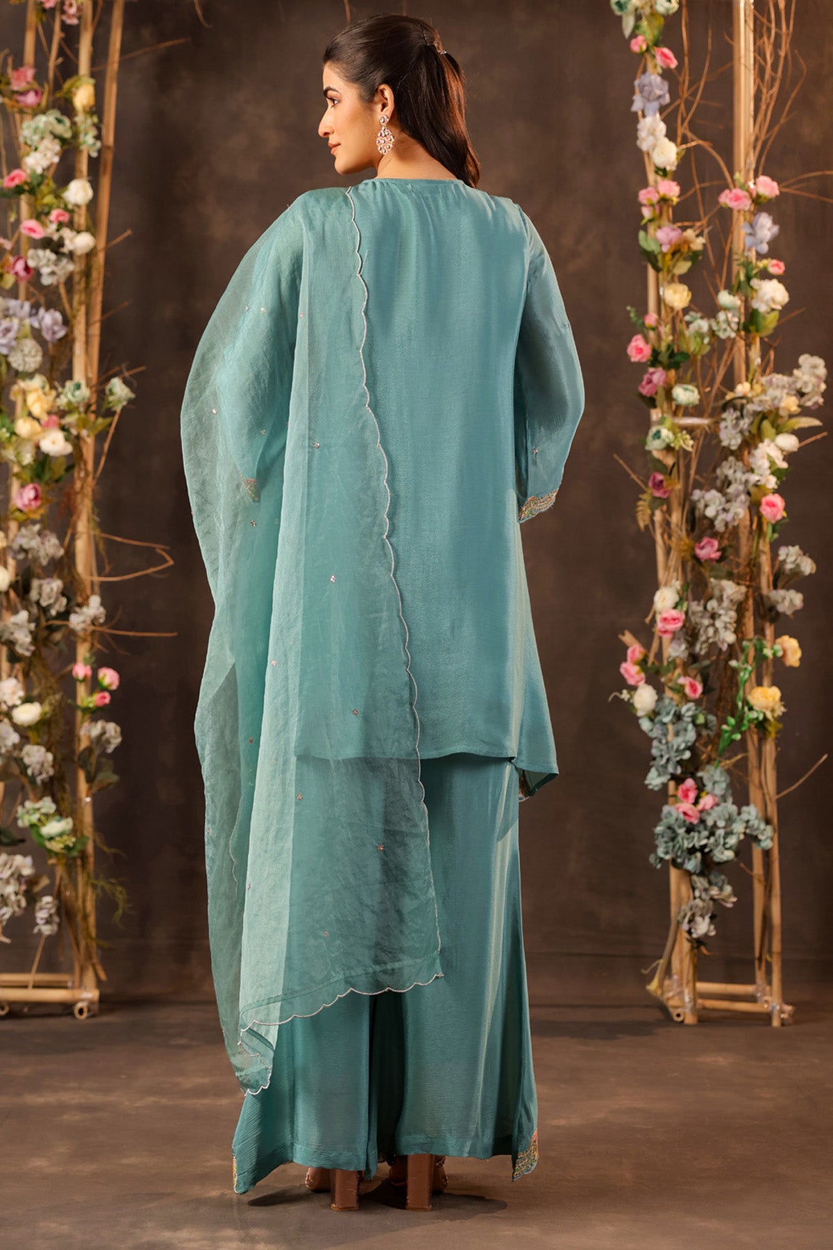 Teal Blue Chinon Silk Embroidered Kurta Set With Dupatta