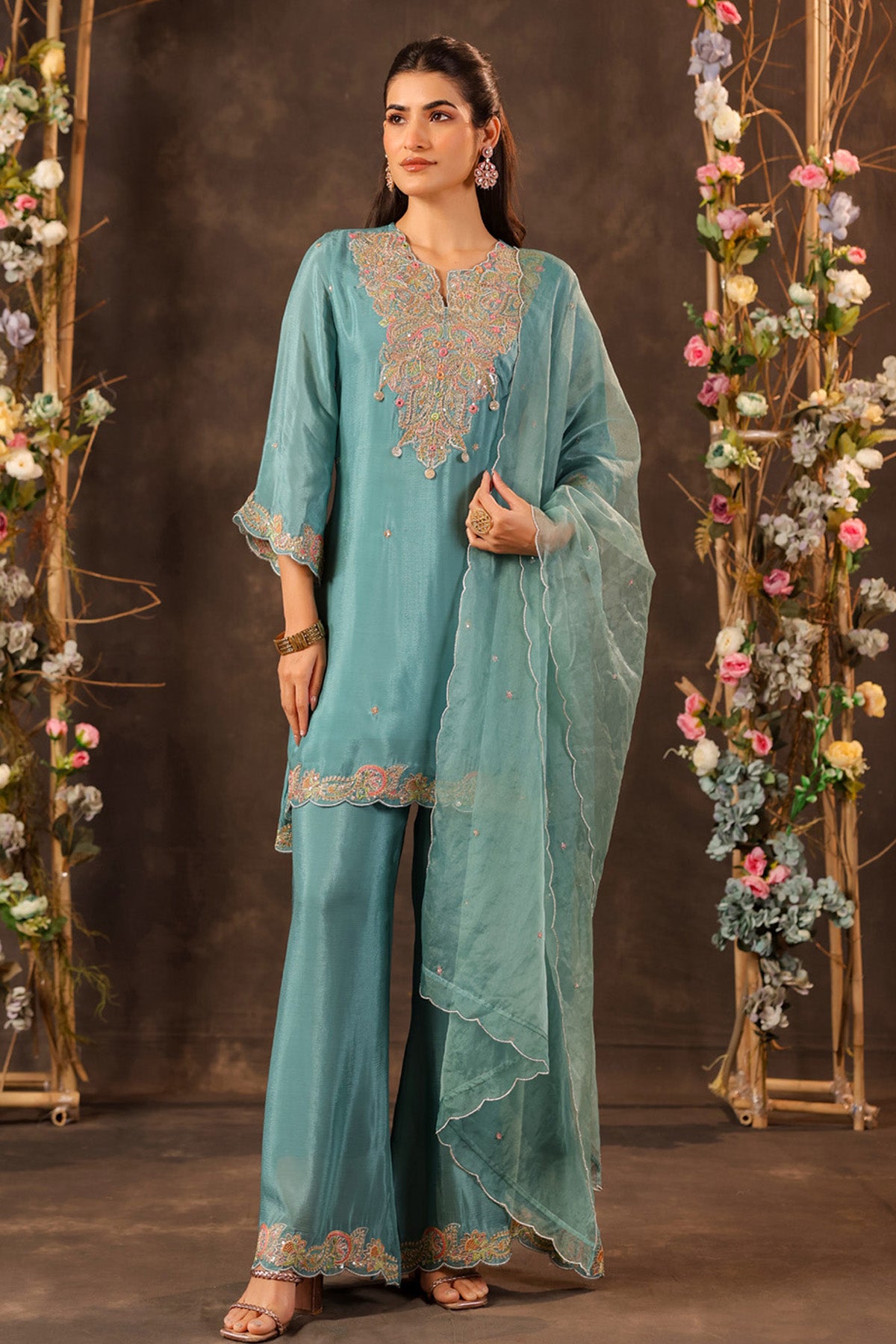 Teal Blue Chinon Silk Embroidered Kurta Set With Dupatta