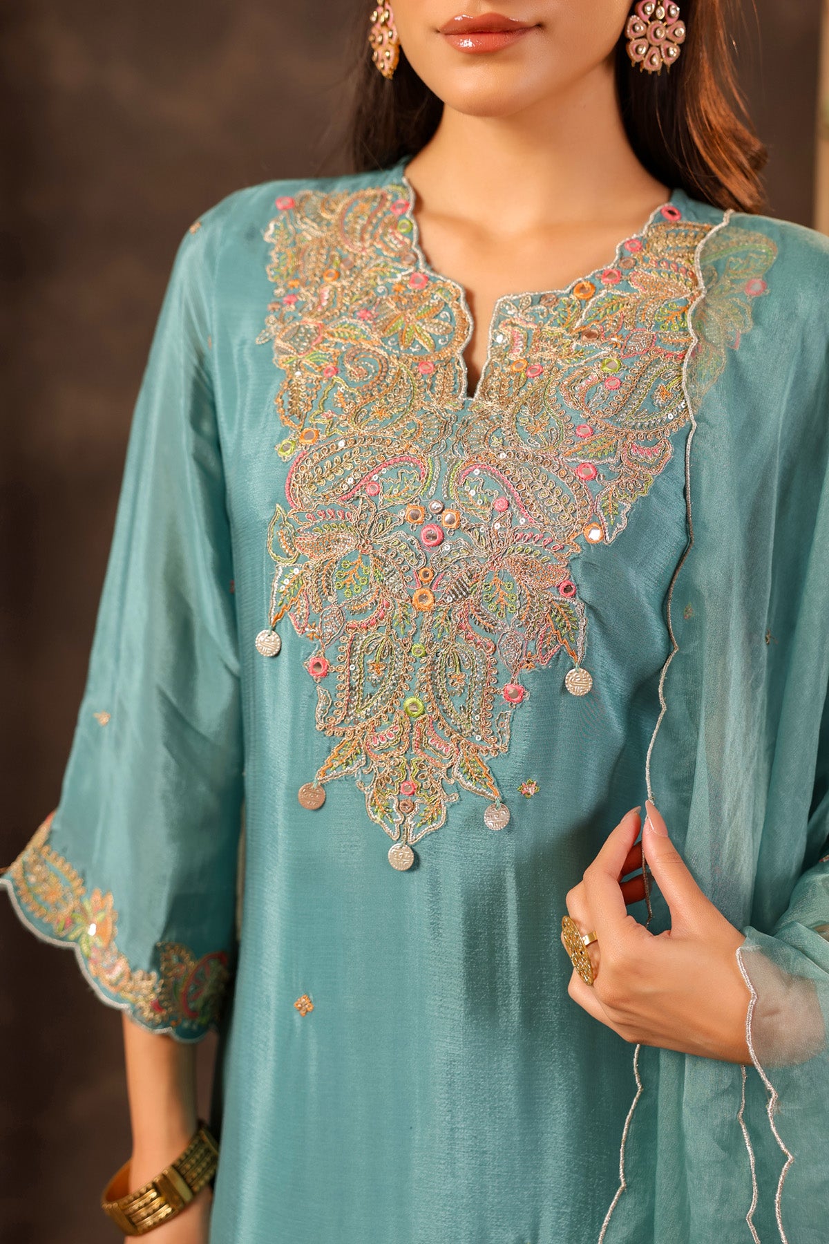 Teal Blue Chinon Silk Embroidered Kurta Set With Dupatta