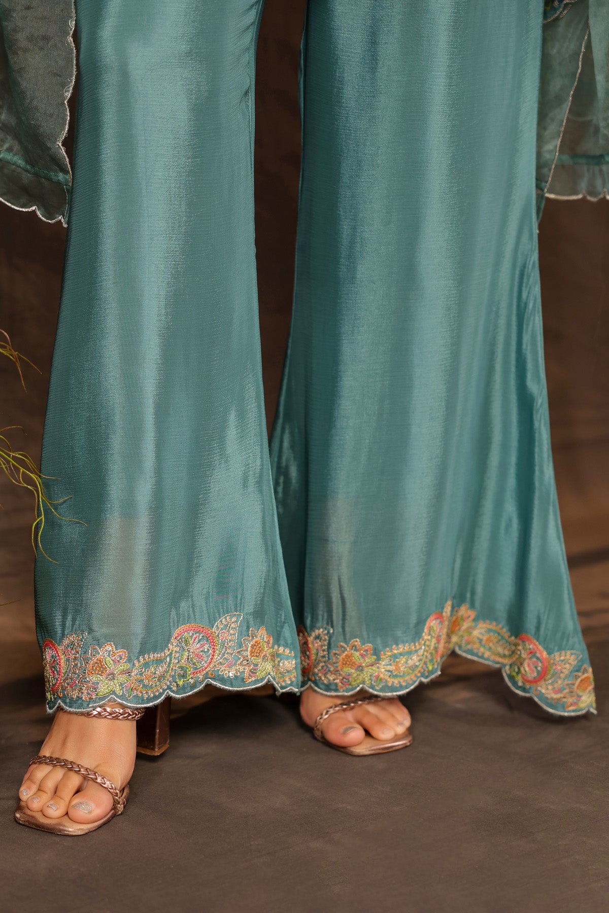 Teal Blue Chinon Silk Embroidered Kurta Set With Dupatta