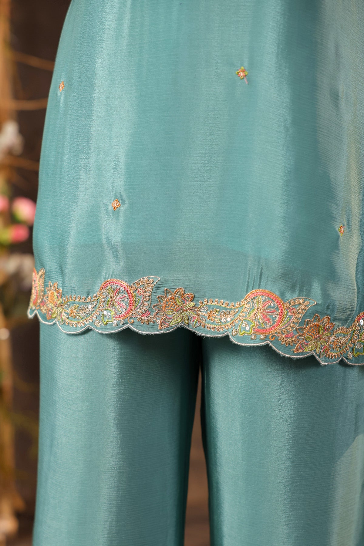 Teal Blue Chinon Silk Embroidered Kurta Set With Dupatta