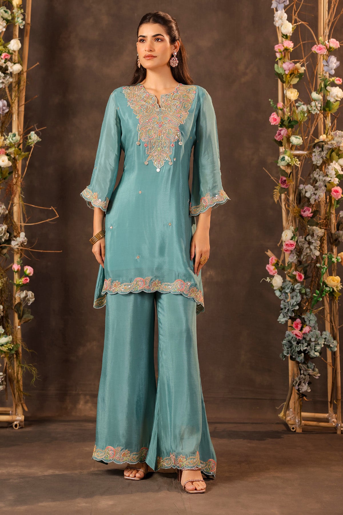Teal Blue Chinon Silk Embroidered Kurta Set With Dupatta
