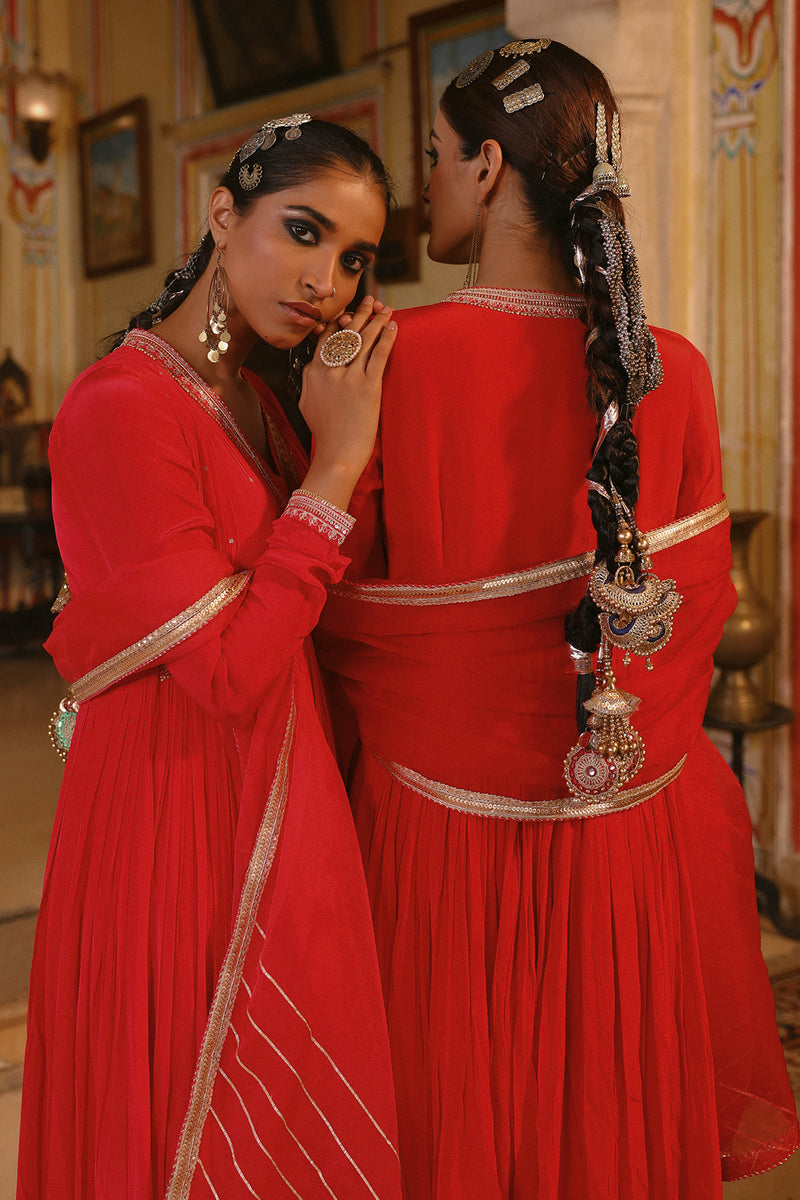 HERITAGE RED CREPE HANDWORK LONG GOWN WITH DUPATTA