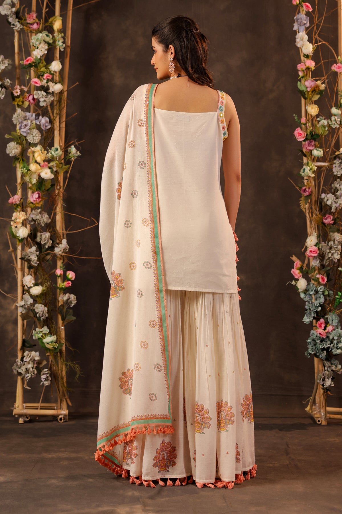 Off White Cotton Embroidered Sharara
