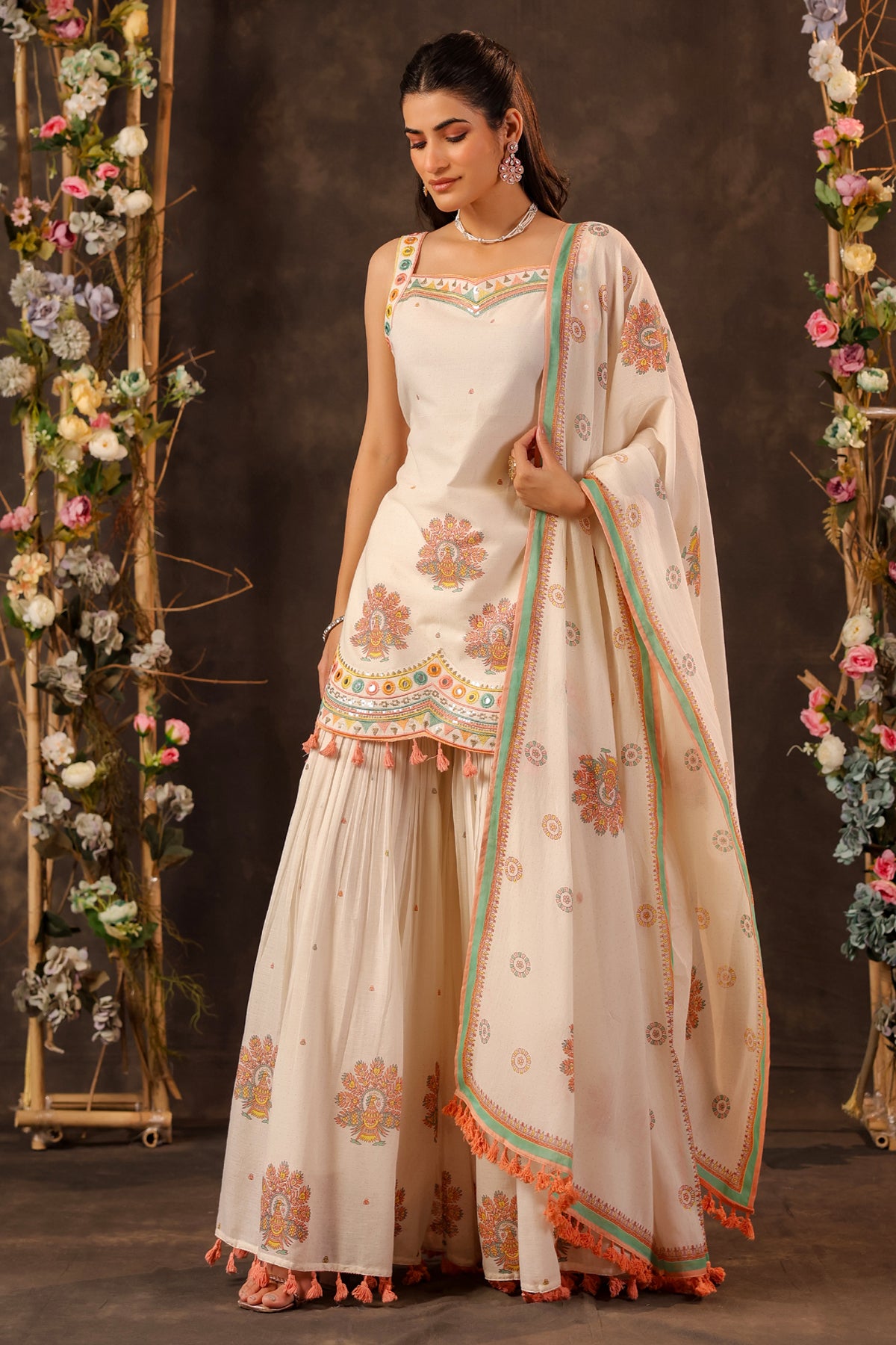 Off White Cotton Embroidered Sharara