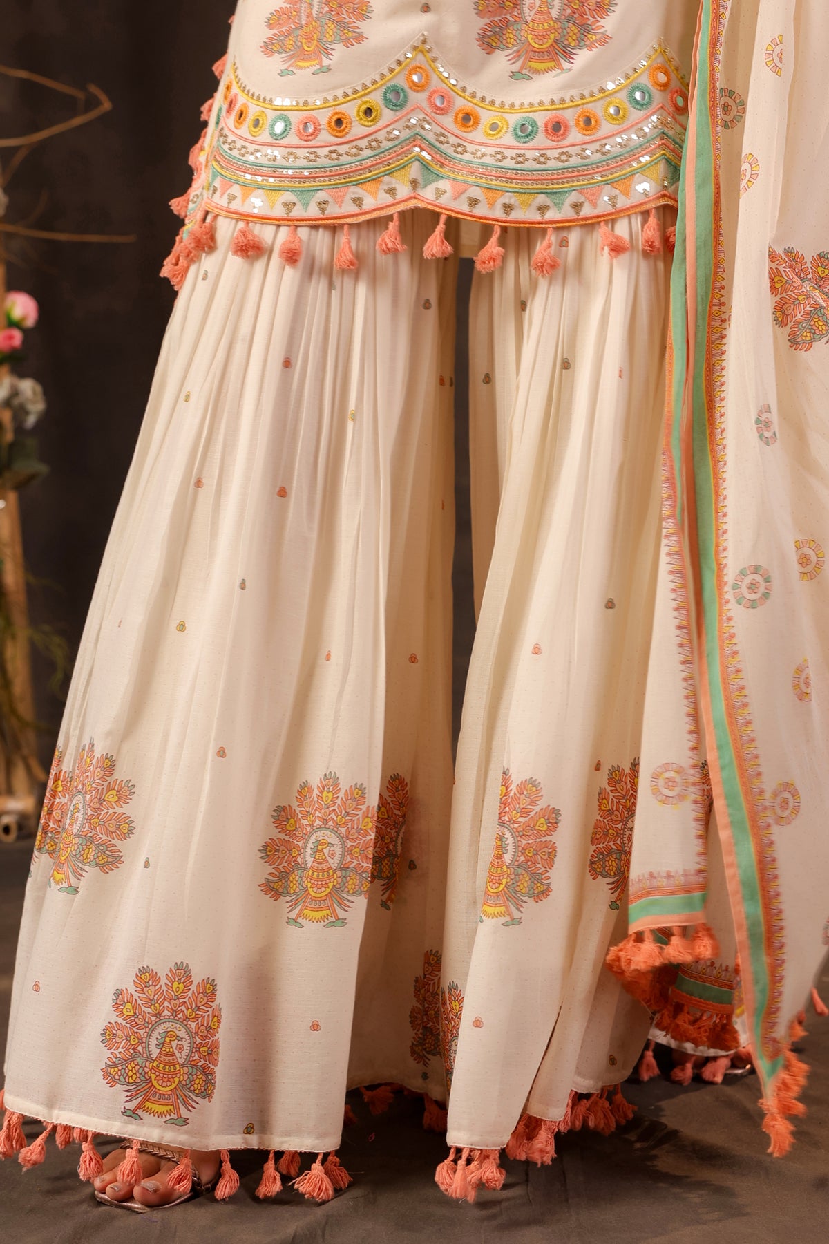 Off White Cotton Embroidered Sharara