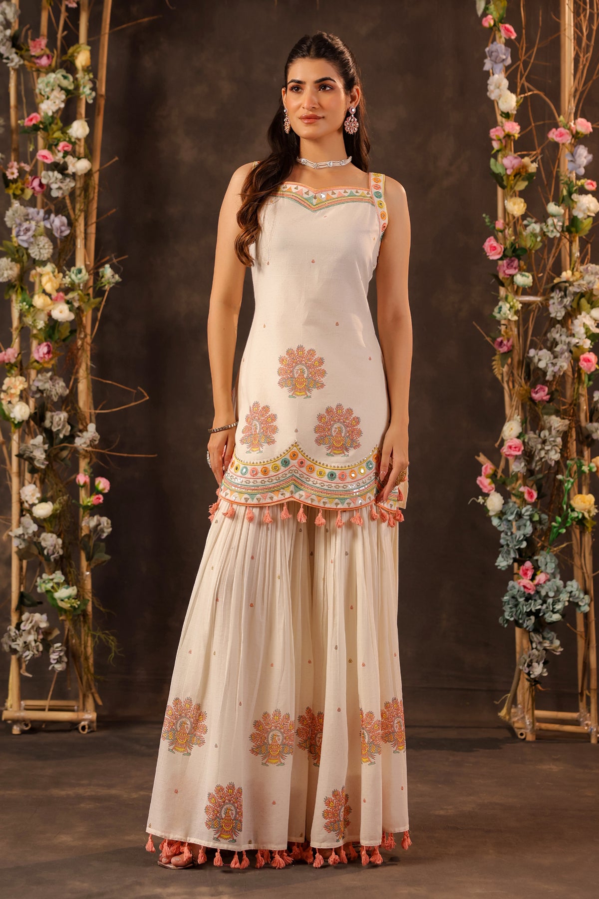 Off White Cotton Embroidered Sharara