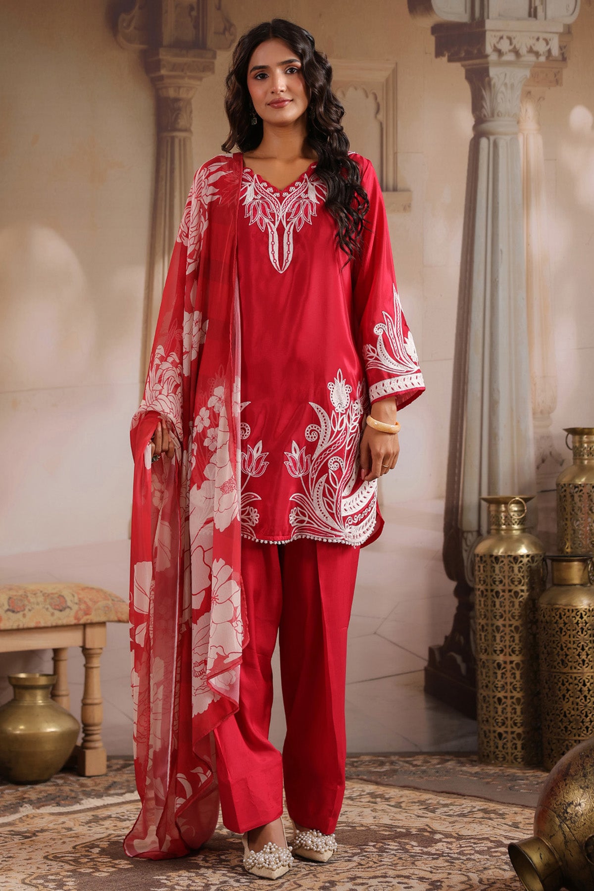 Red Silk Blend Embroidered Suit Set