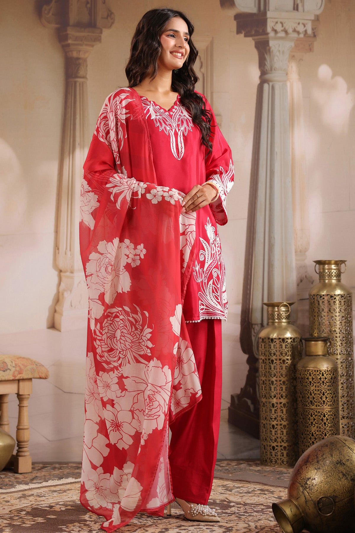 Red Silk Blend Embroidered Suit Set