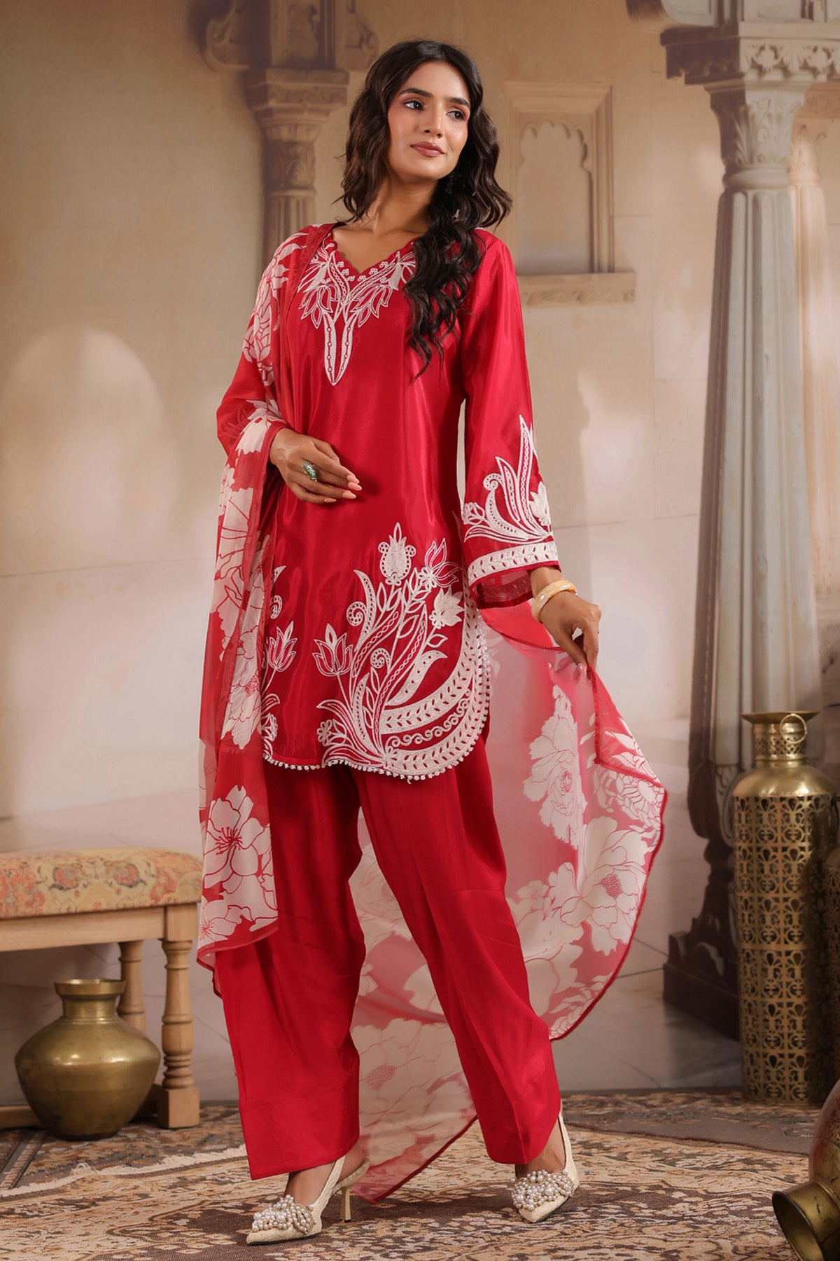 Red Silk Blend Embroidered Suit Set