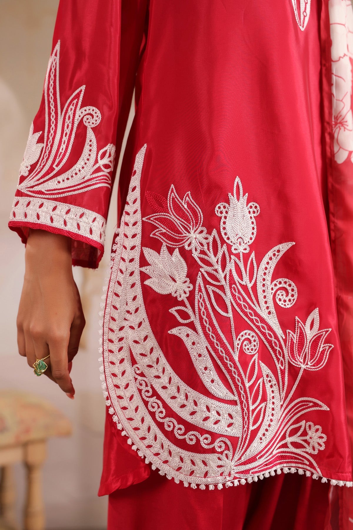 Red Silk Blend Embroidered Suit Set