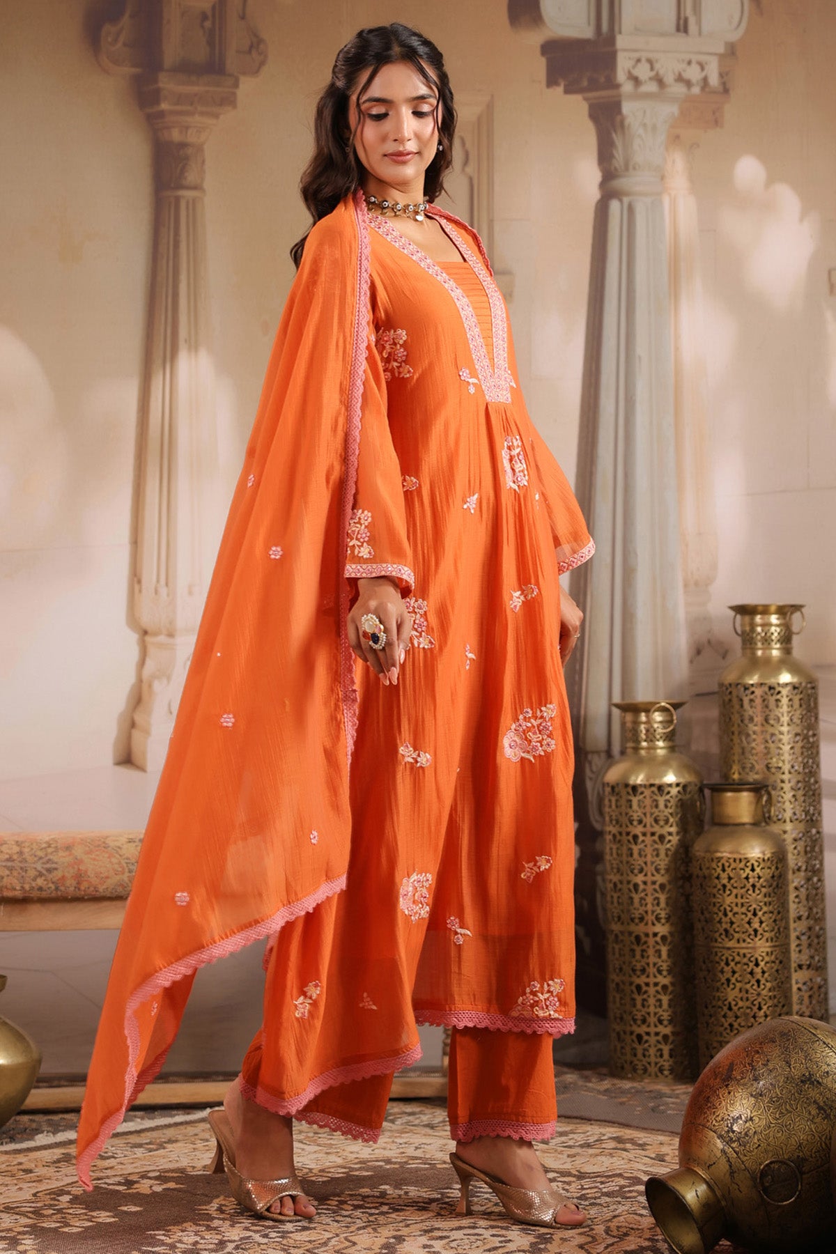 Orange Mul Chanderi Embroidered Suit Set