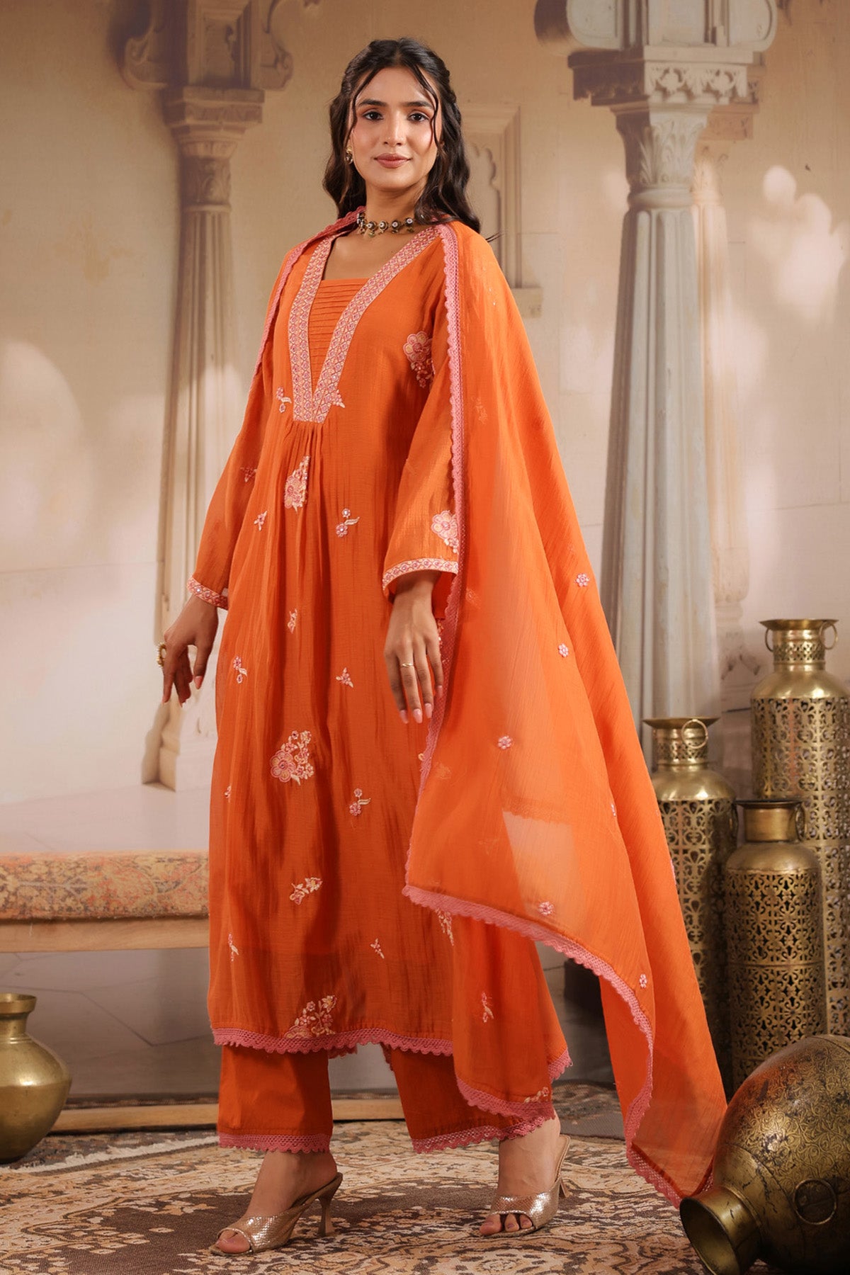 Orange Mul Chanderi Embroidered Suit Set