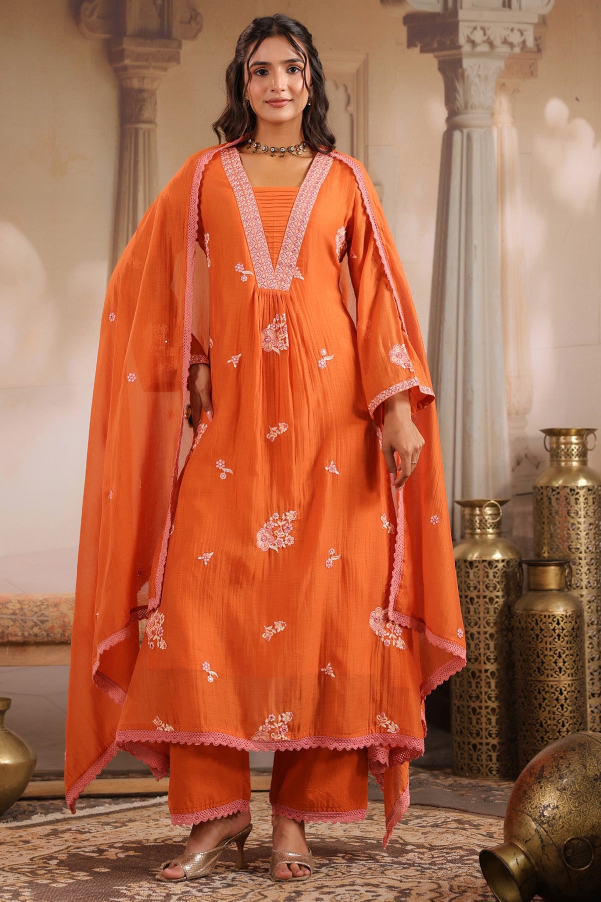 Orange Mul Chanderi Embroidered Suit Set