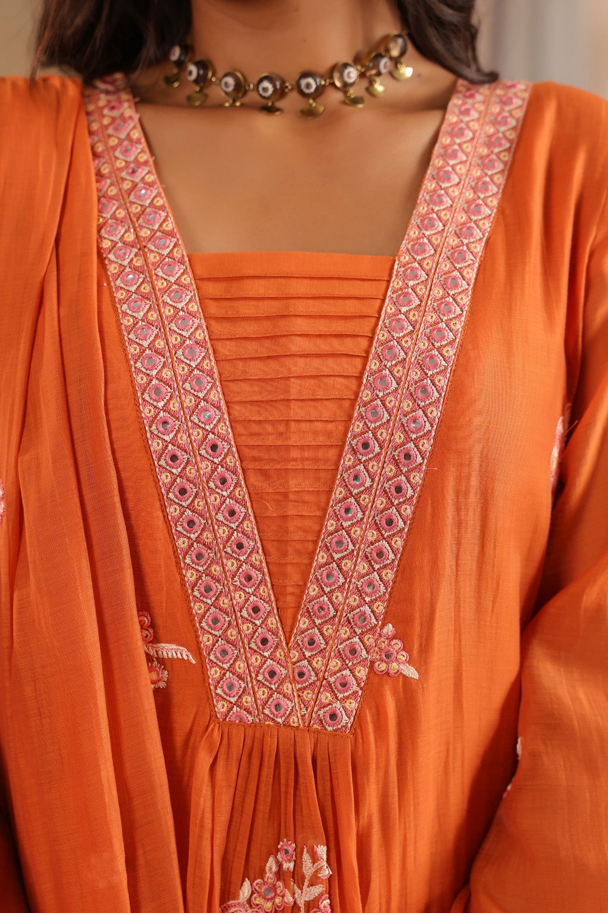 Orange Mul Chanderi Embroidered Suit Set