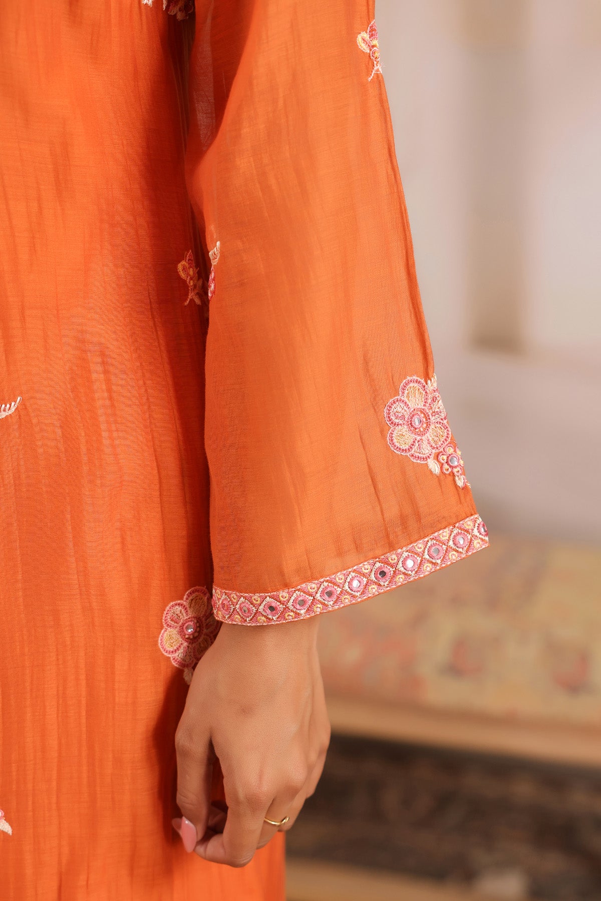 Orange Mul Chanderi Embroidered Suit Set