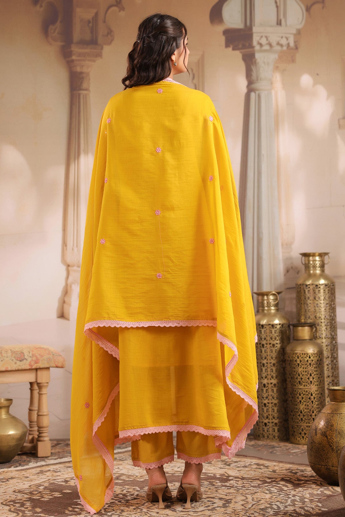 Yellow Mul Chanderi Embroidered Suit Set