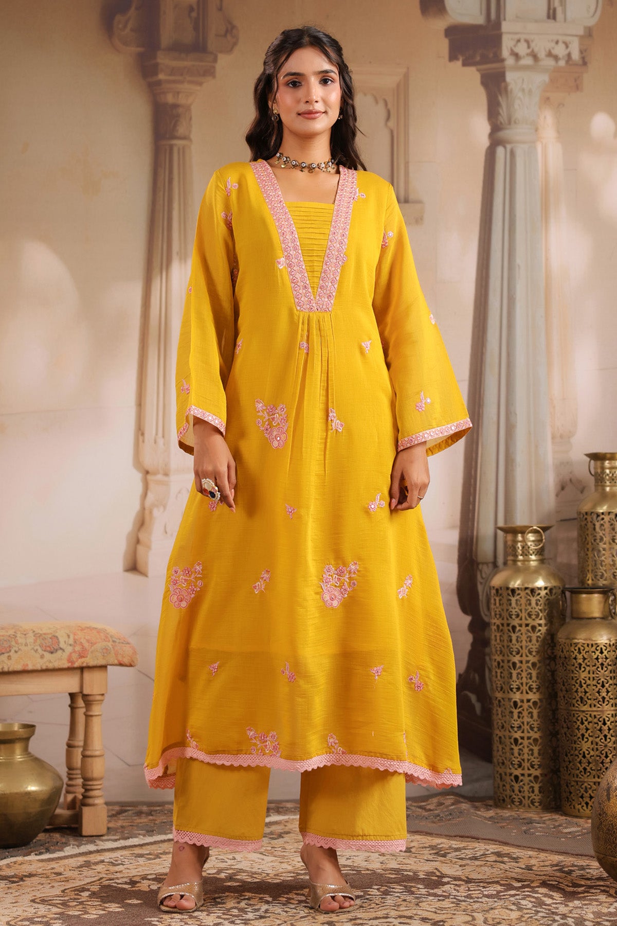 Yellow Mul Chanderi Embroidered Suit Set