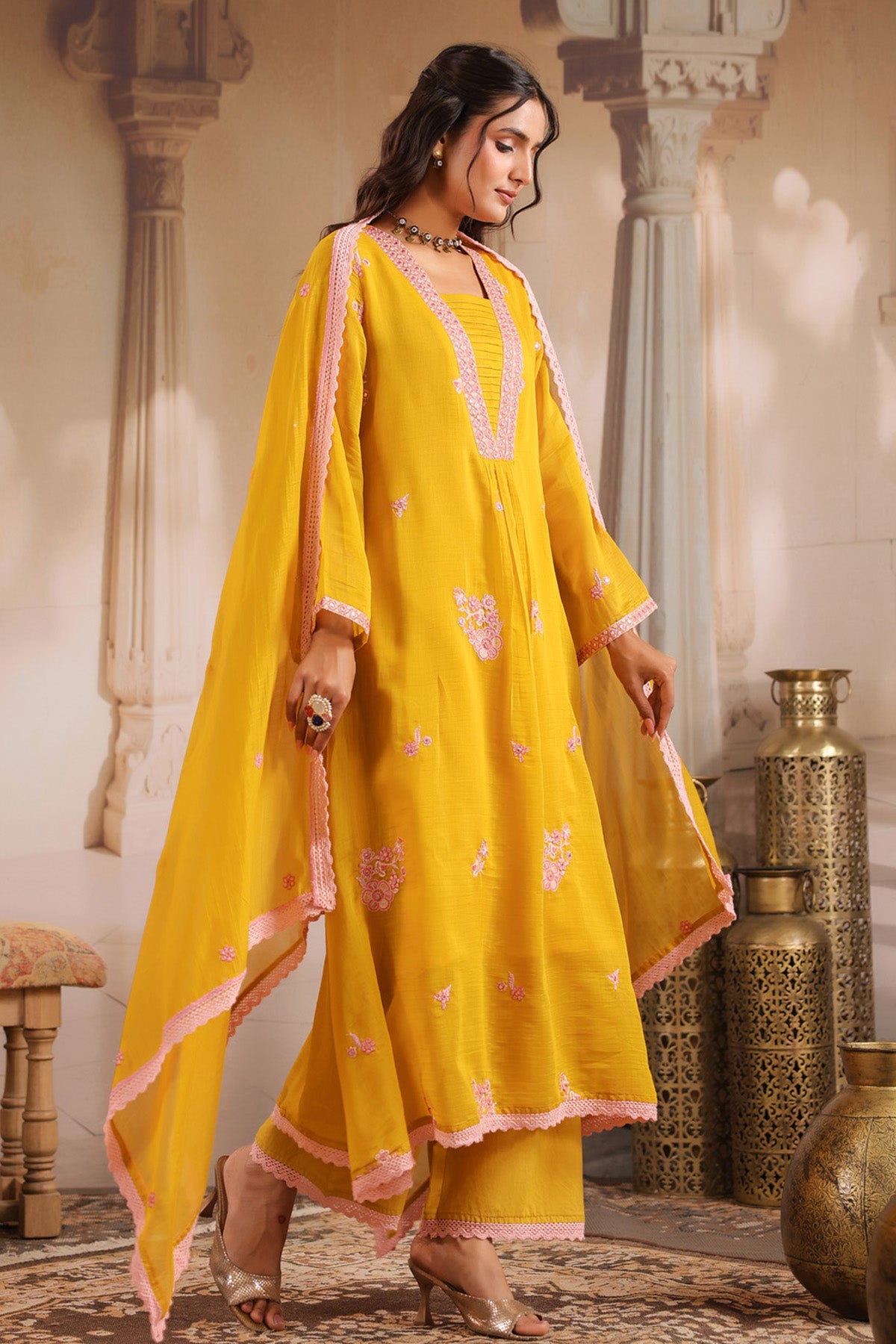 Yellow Mul Chanderi Embroidered Suit Set