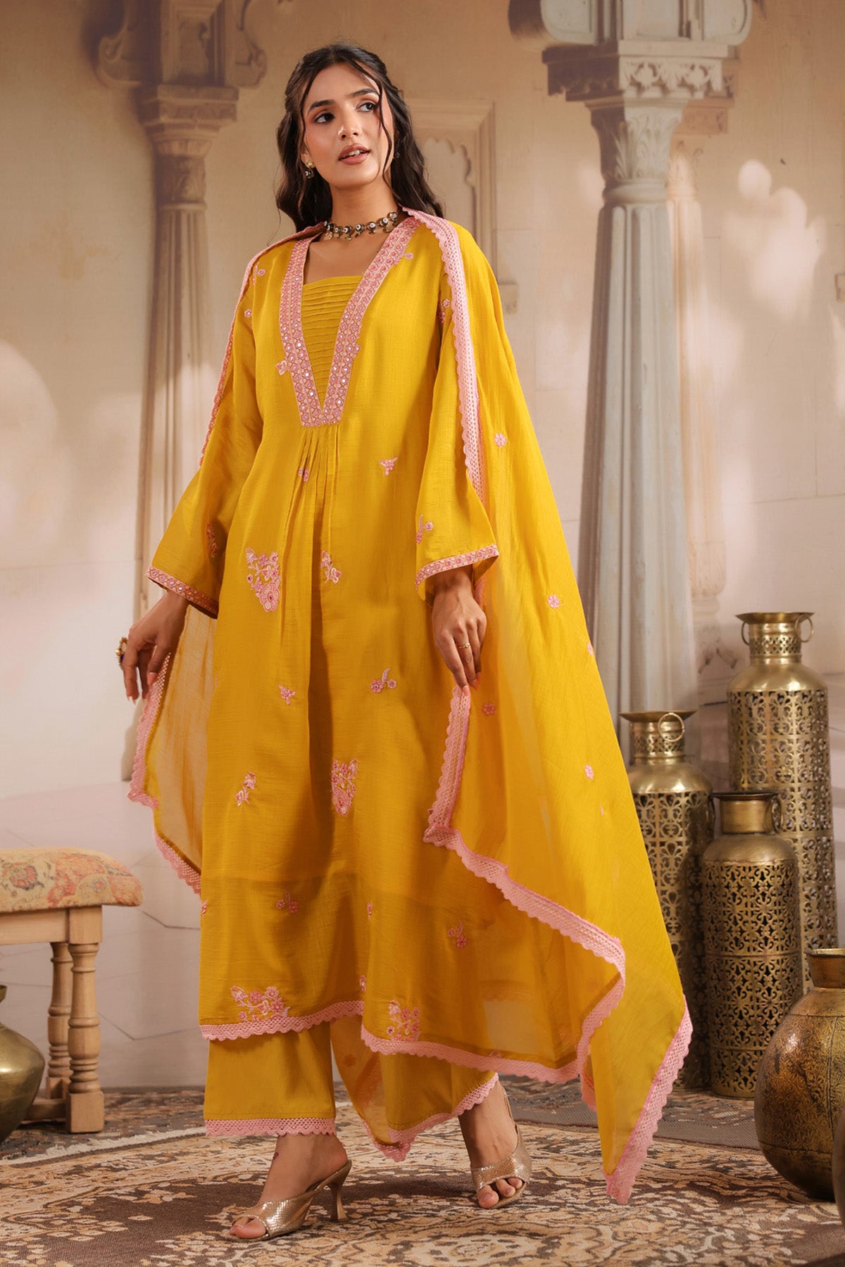 Yellow Mul Chanderi Embroidered Suit Set