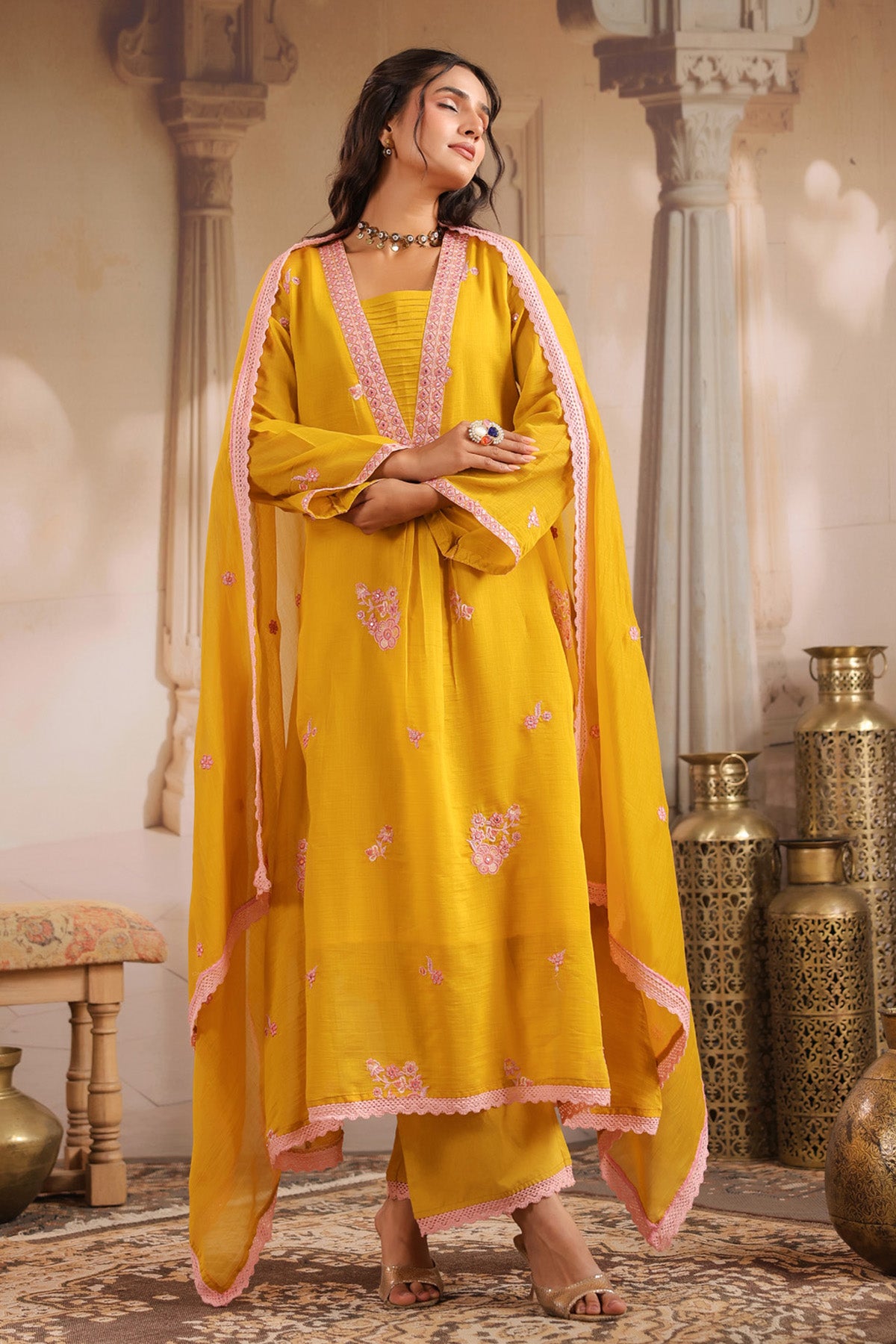 Yellow Mul Chanderi Embroidered Suit Set