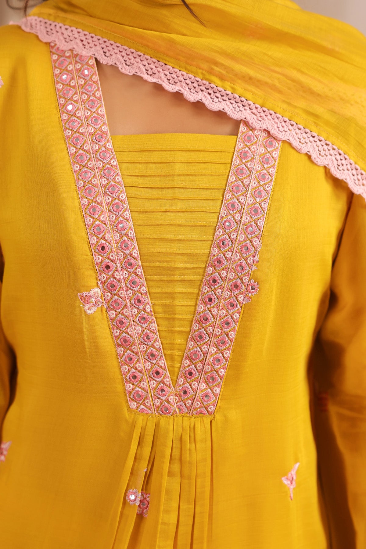 Yellow Mul Chanderi Embroidered Suit Set