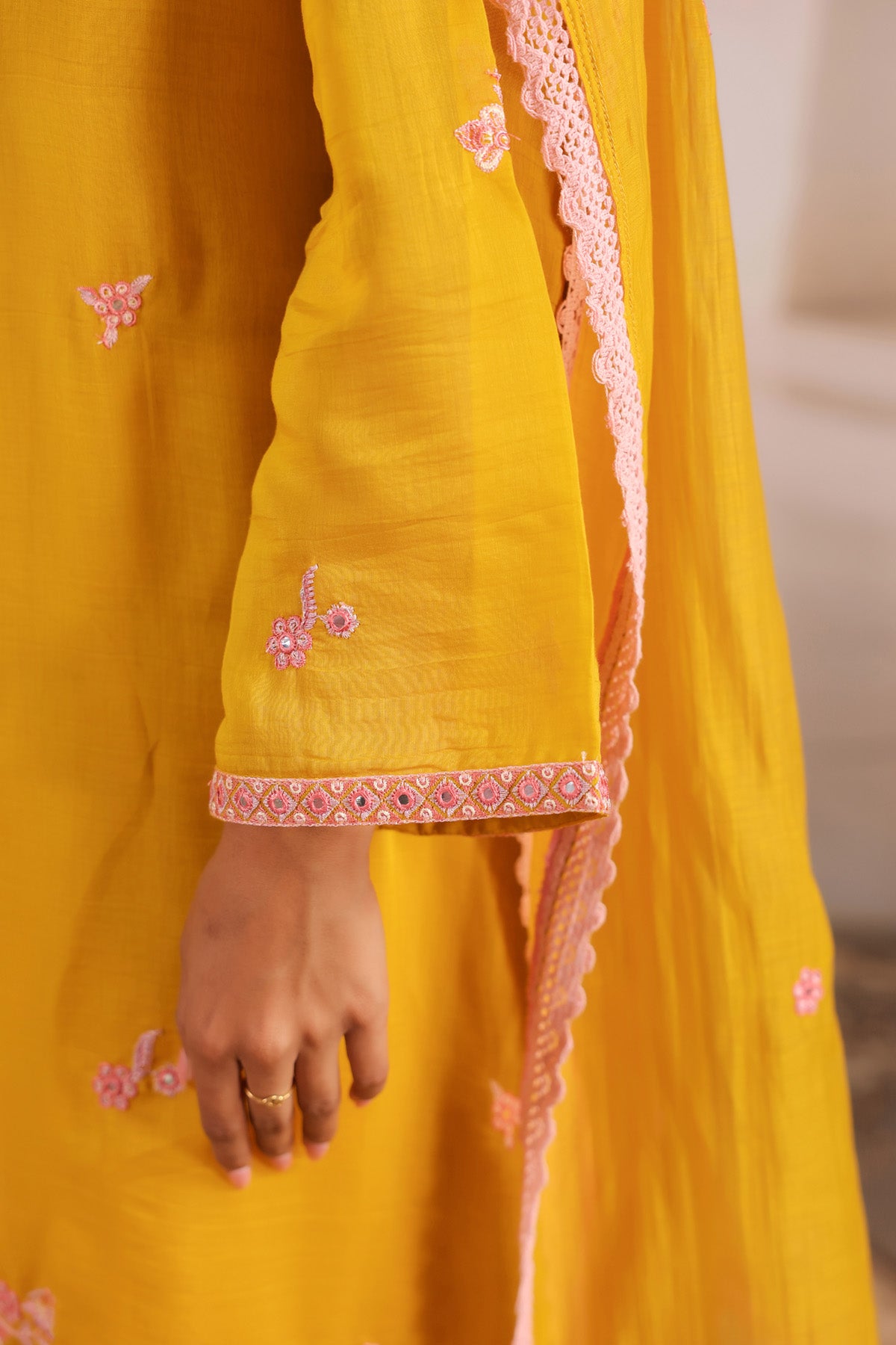 Yellow Mul Chanderi Embroidered Suit Set