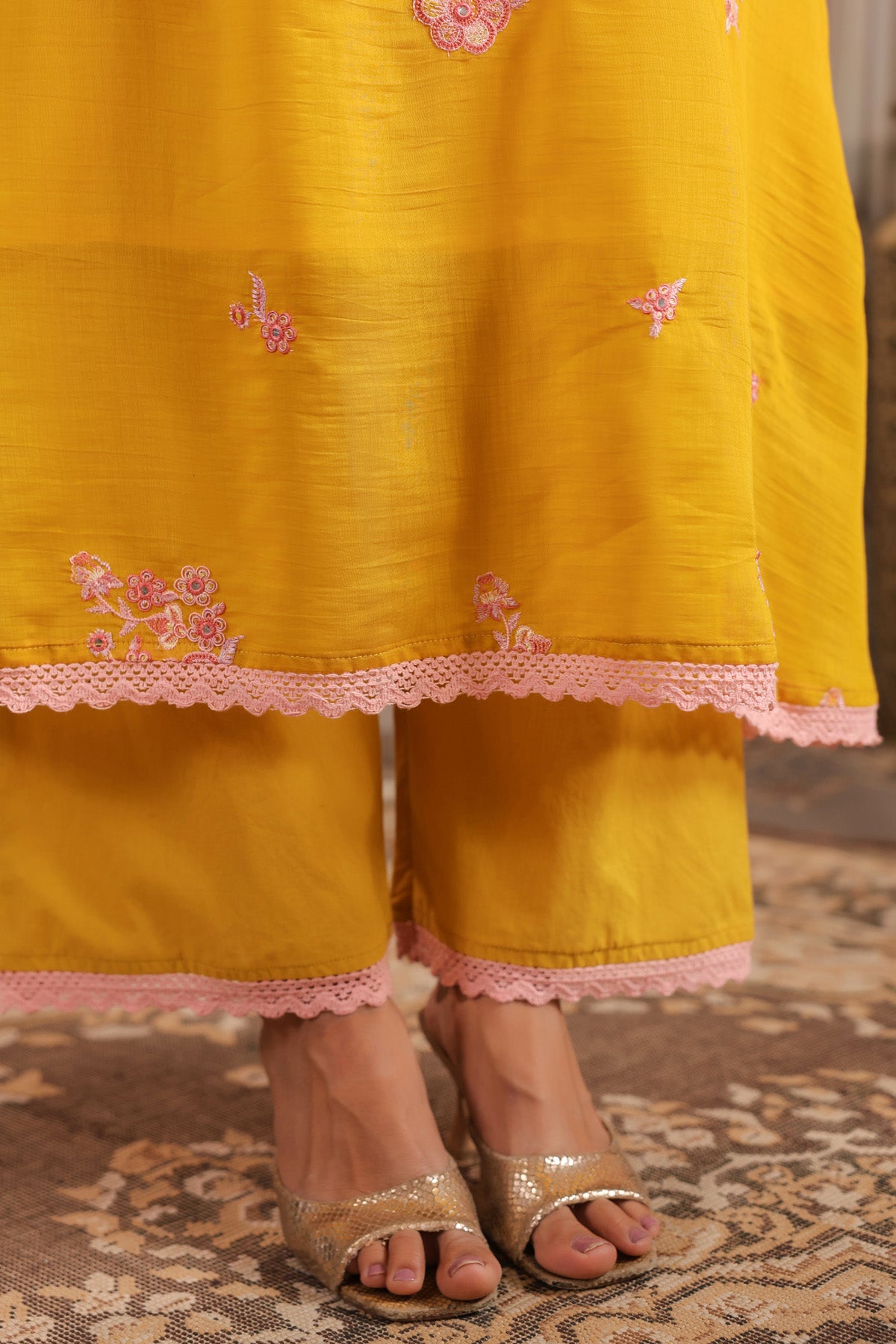 Yellow Mul Chanderi Embroidered Suit Set