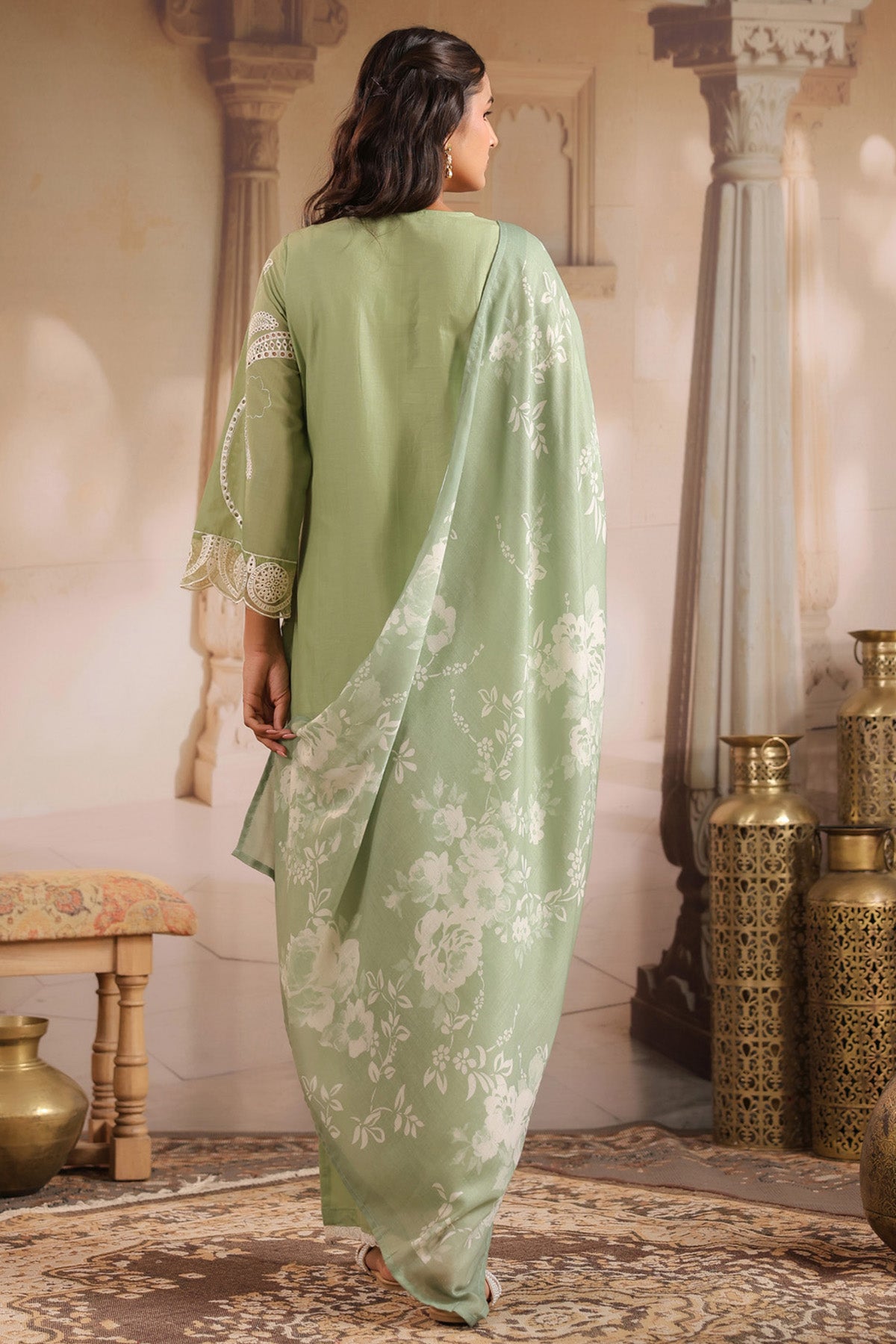 Green Cotton Embroidered Suit Set