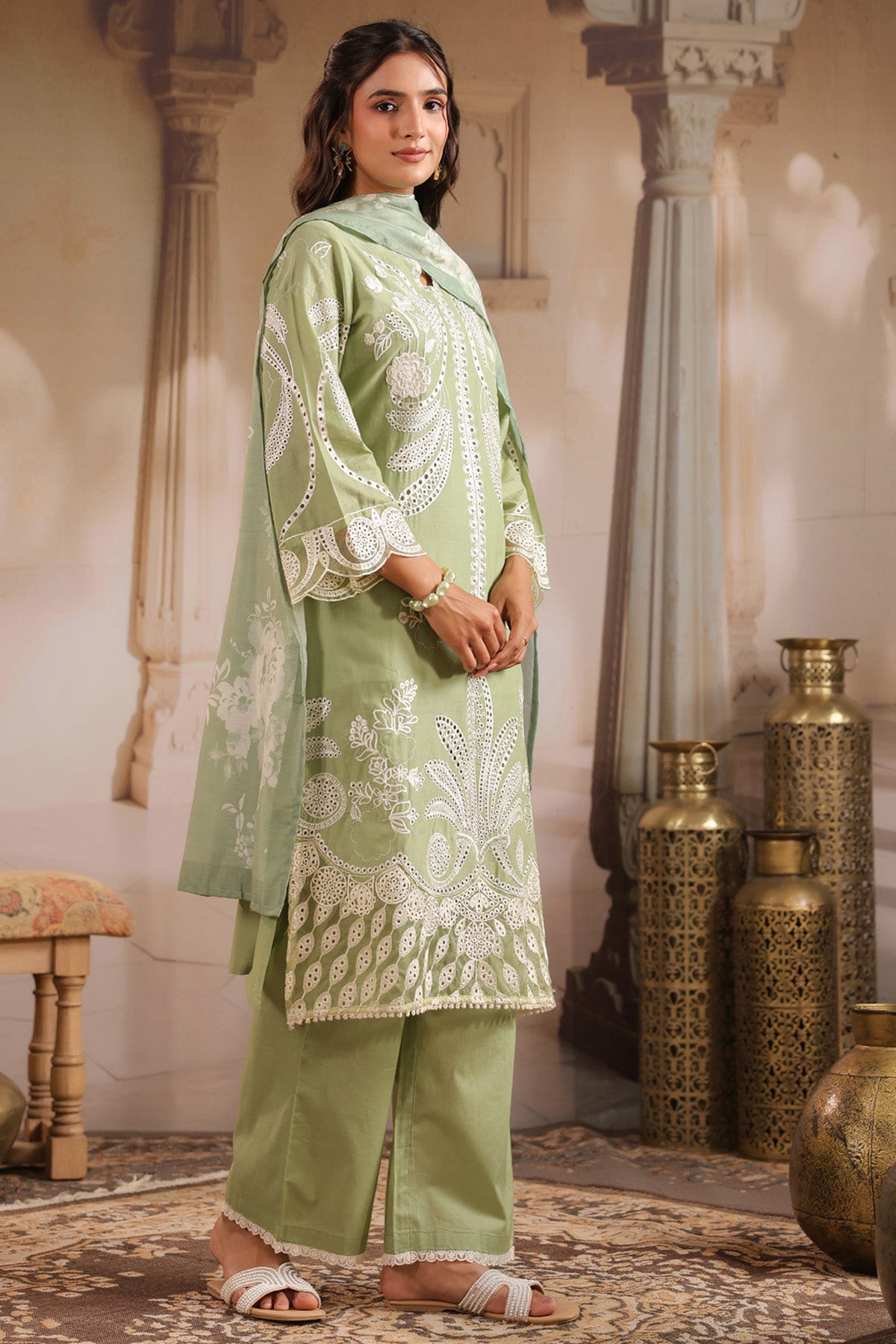 Green Cotton Embroidered Suit Set