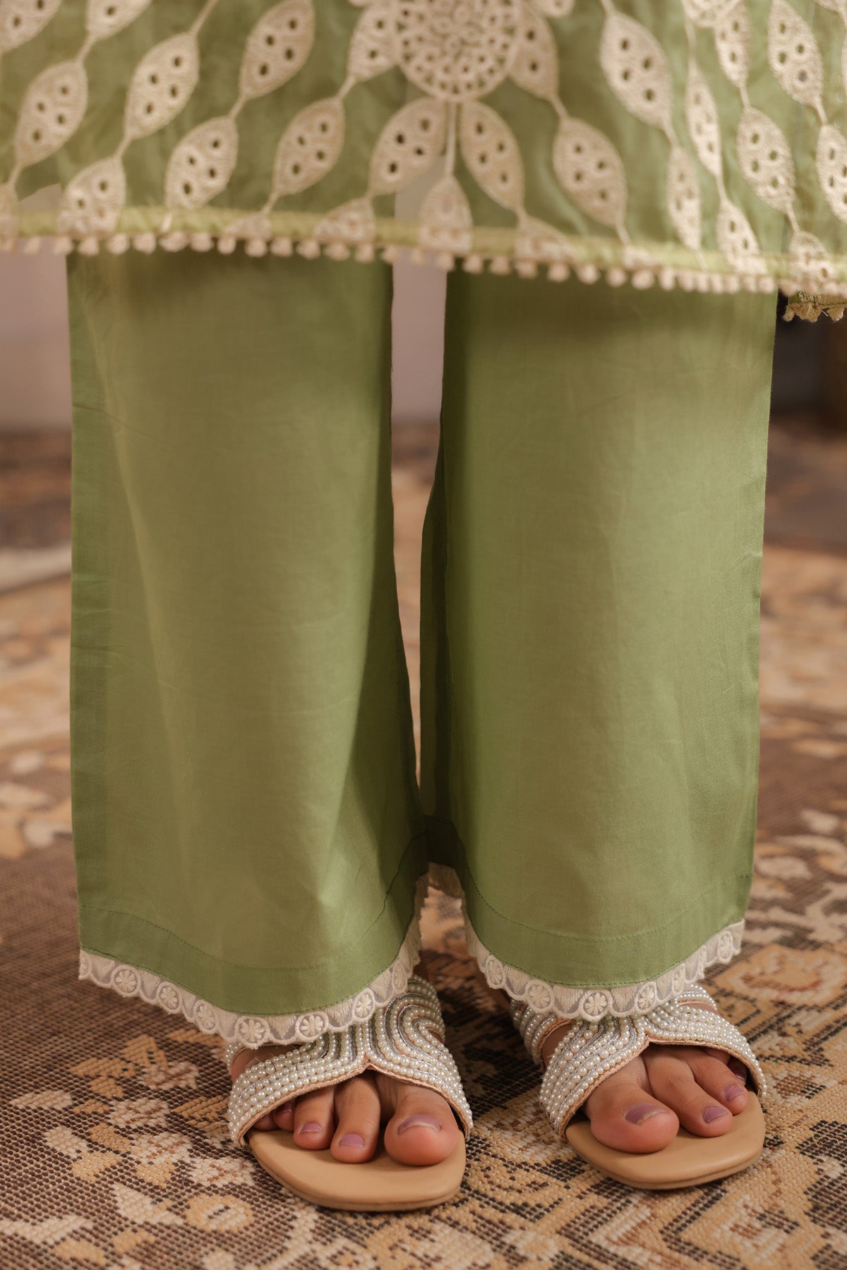 Green Cotton Embroidered Suit Set