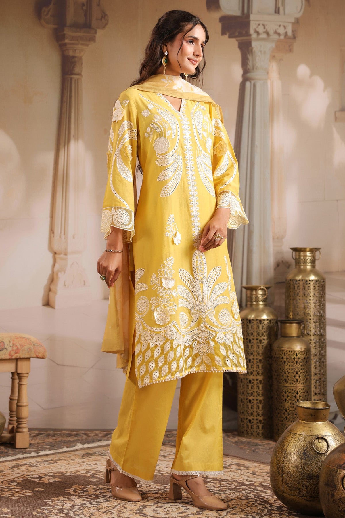 Yellow Cotton Embroidered Suit Set