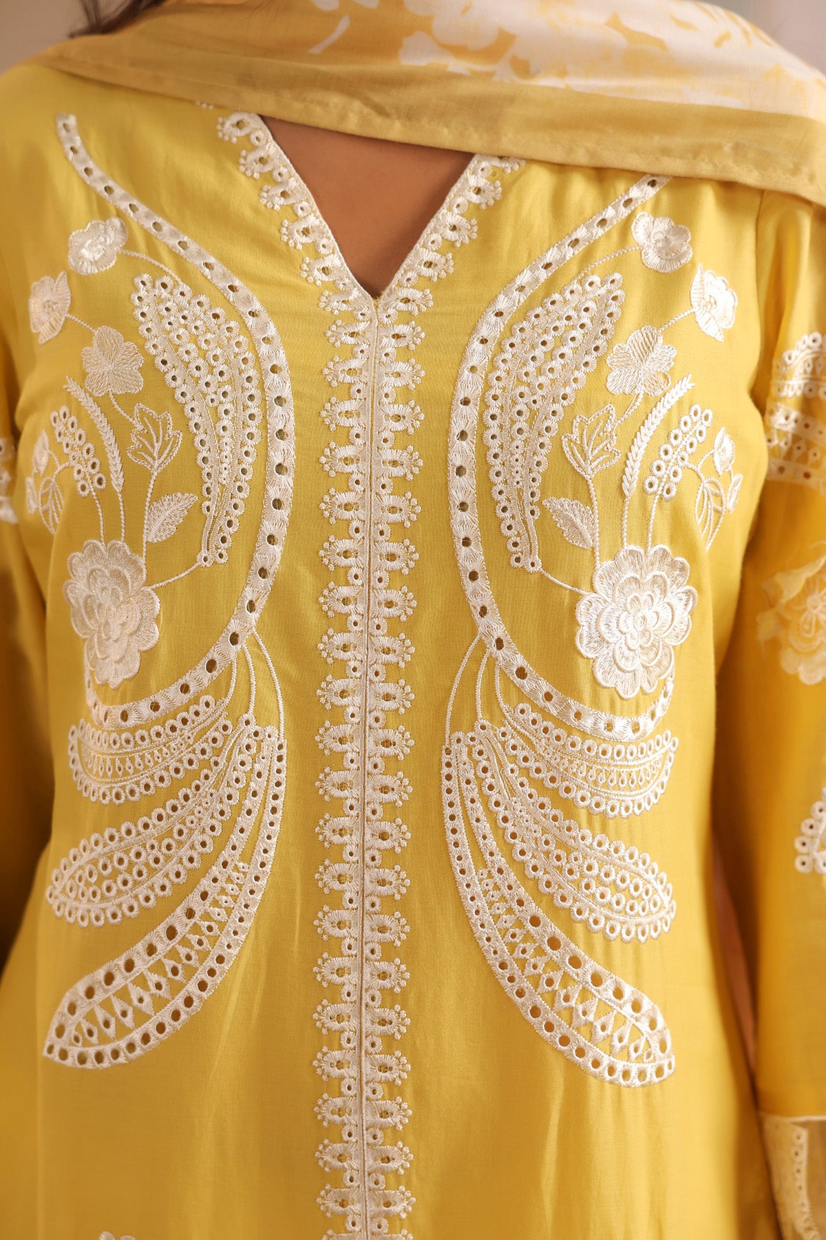 Yellow Cotton Embroidered Suit Set