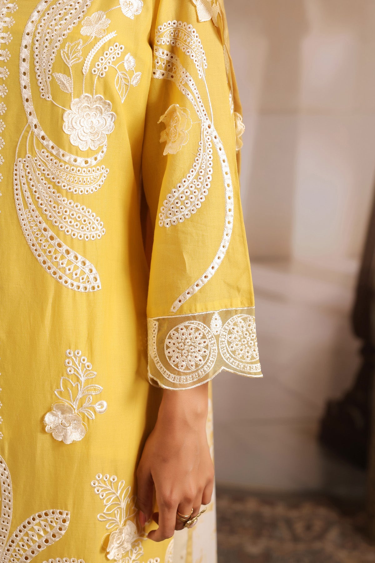 Yellow Cotton Embroidered Suit Set