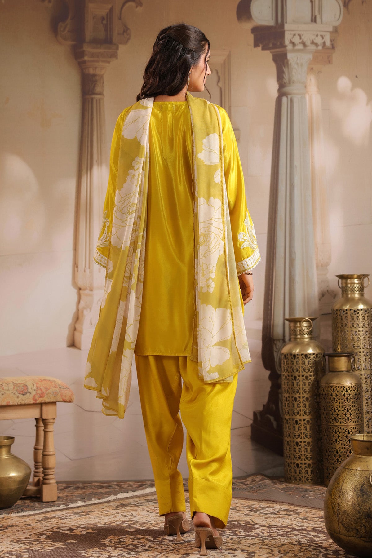 Yellow Silk Blend Embroidered Suit Set