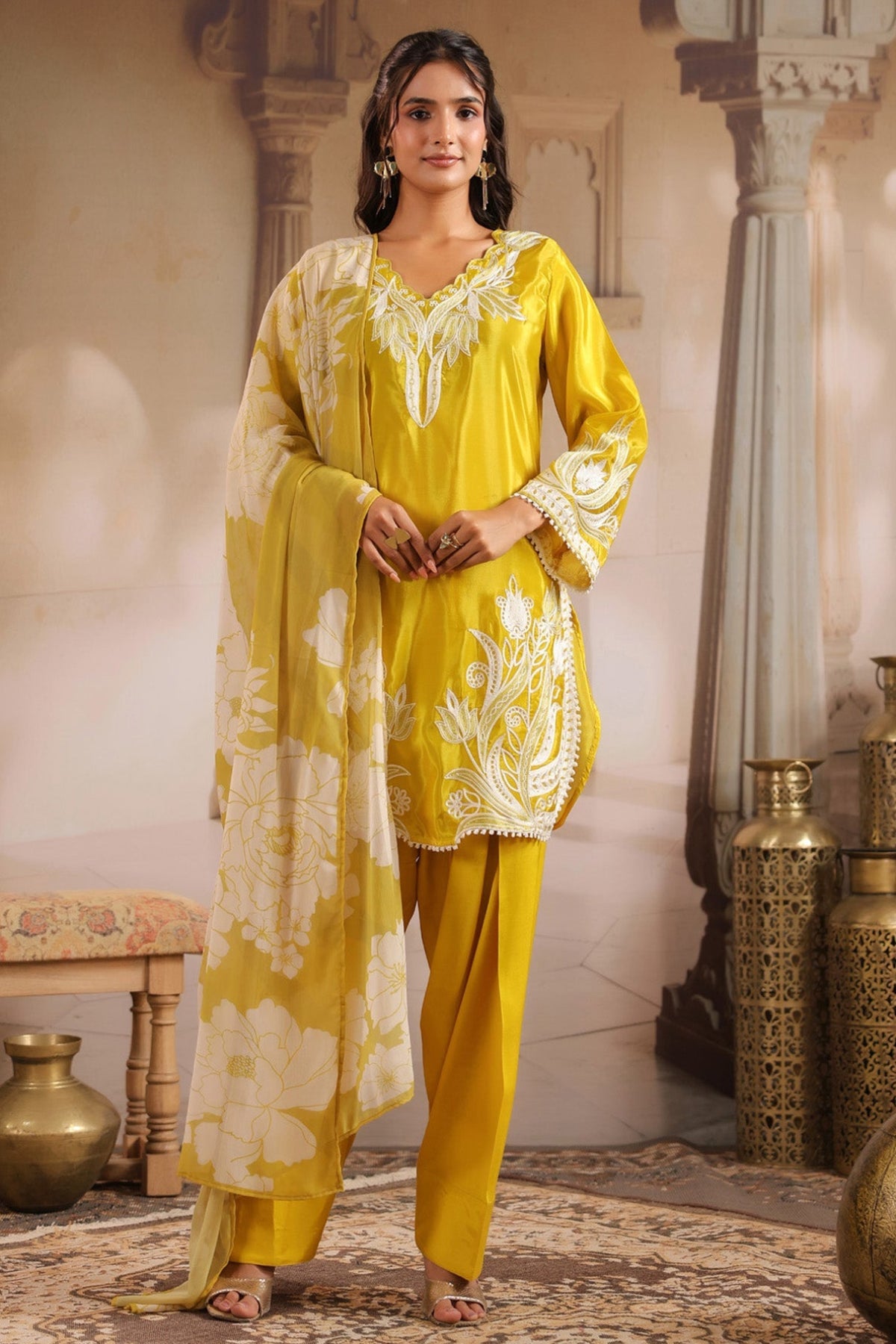 Yellow Silk Blend Embroidered Suit Set