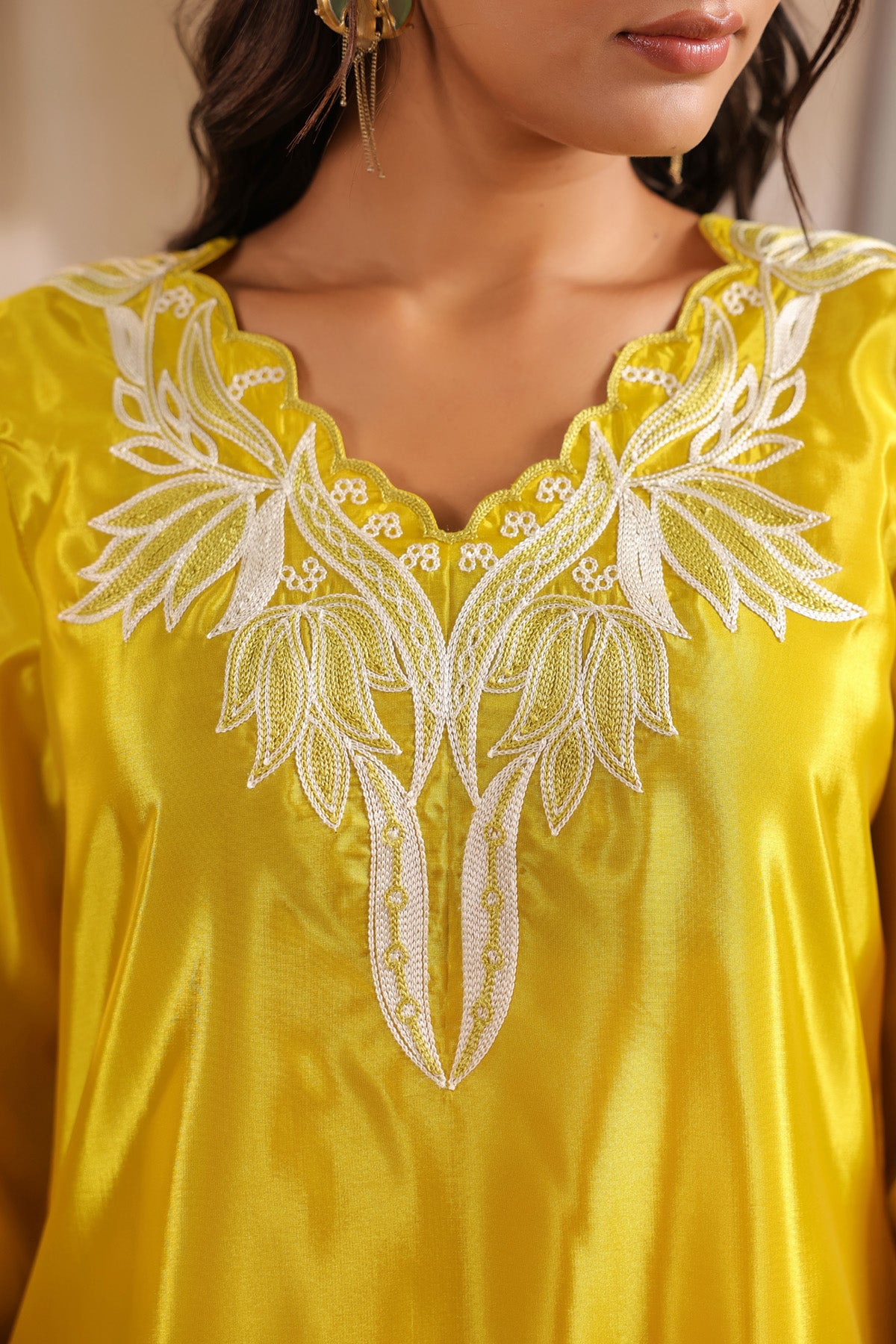 Yellow Silk Blend Embroidered Suit Set