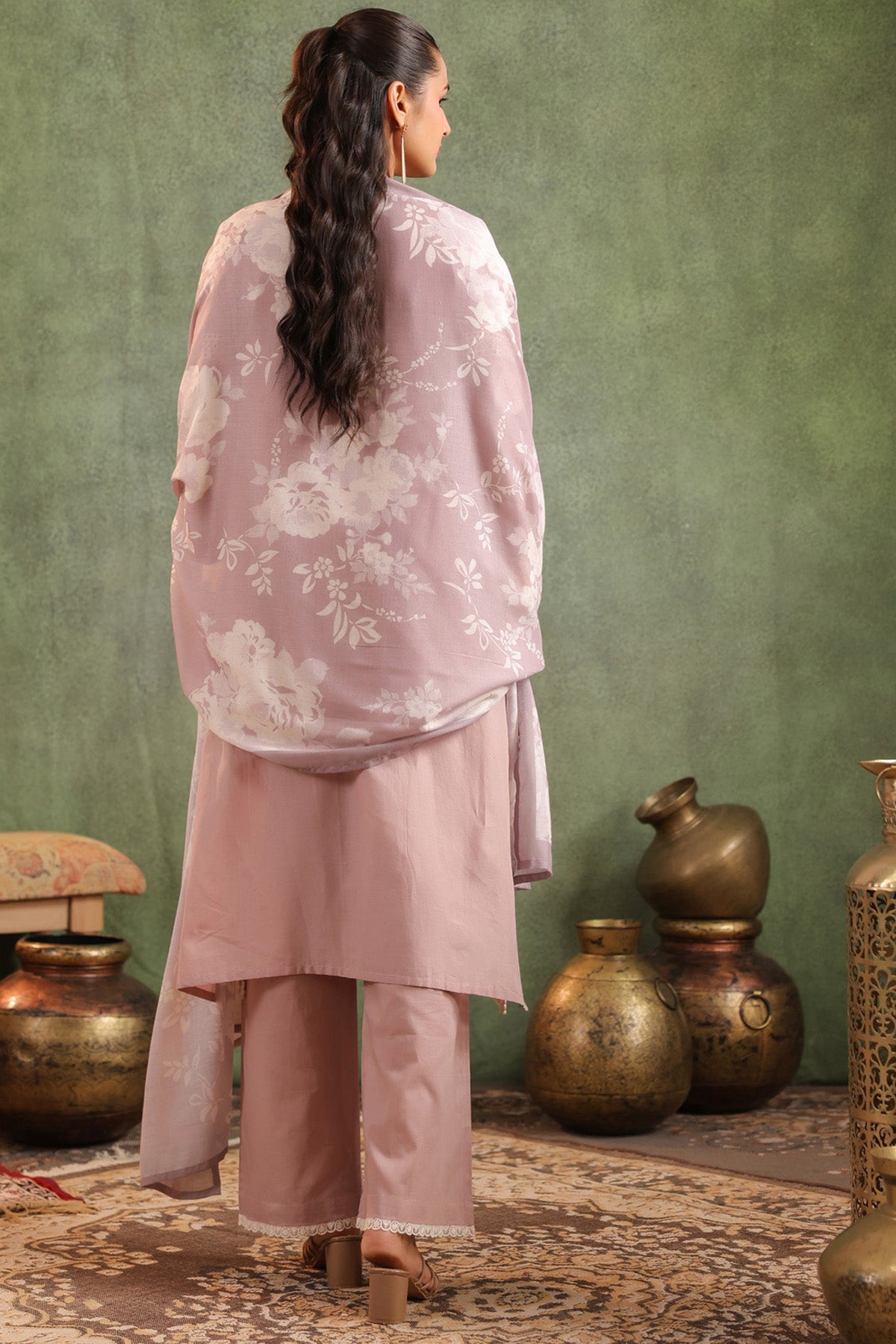 Brown Cotton Embroidered Suit Set