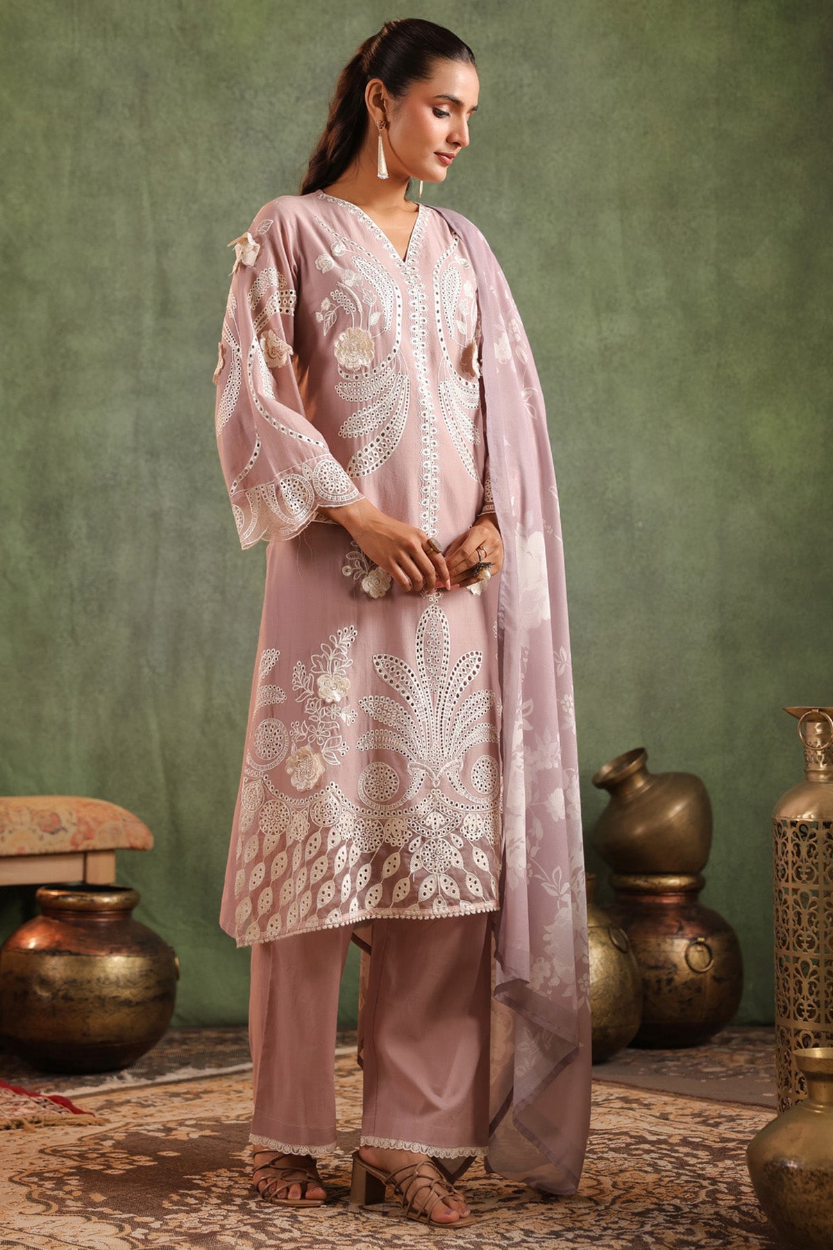 Brown Cotton Embroidered Suit Set