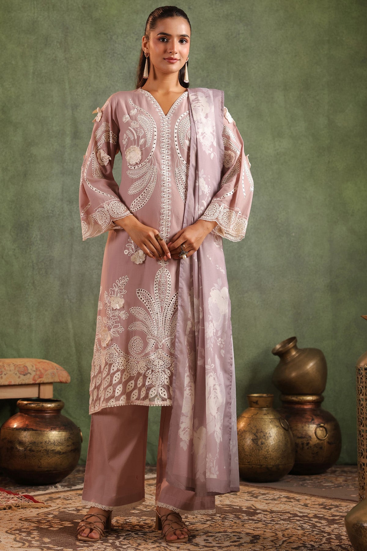 Brown Cotton Embroidered Suit Set