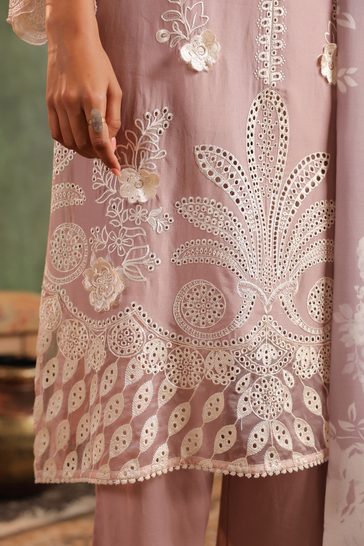 Brown Cotton Embroidered Suit Set