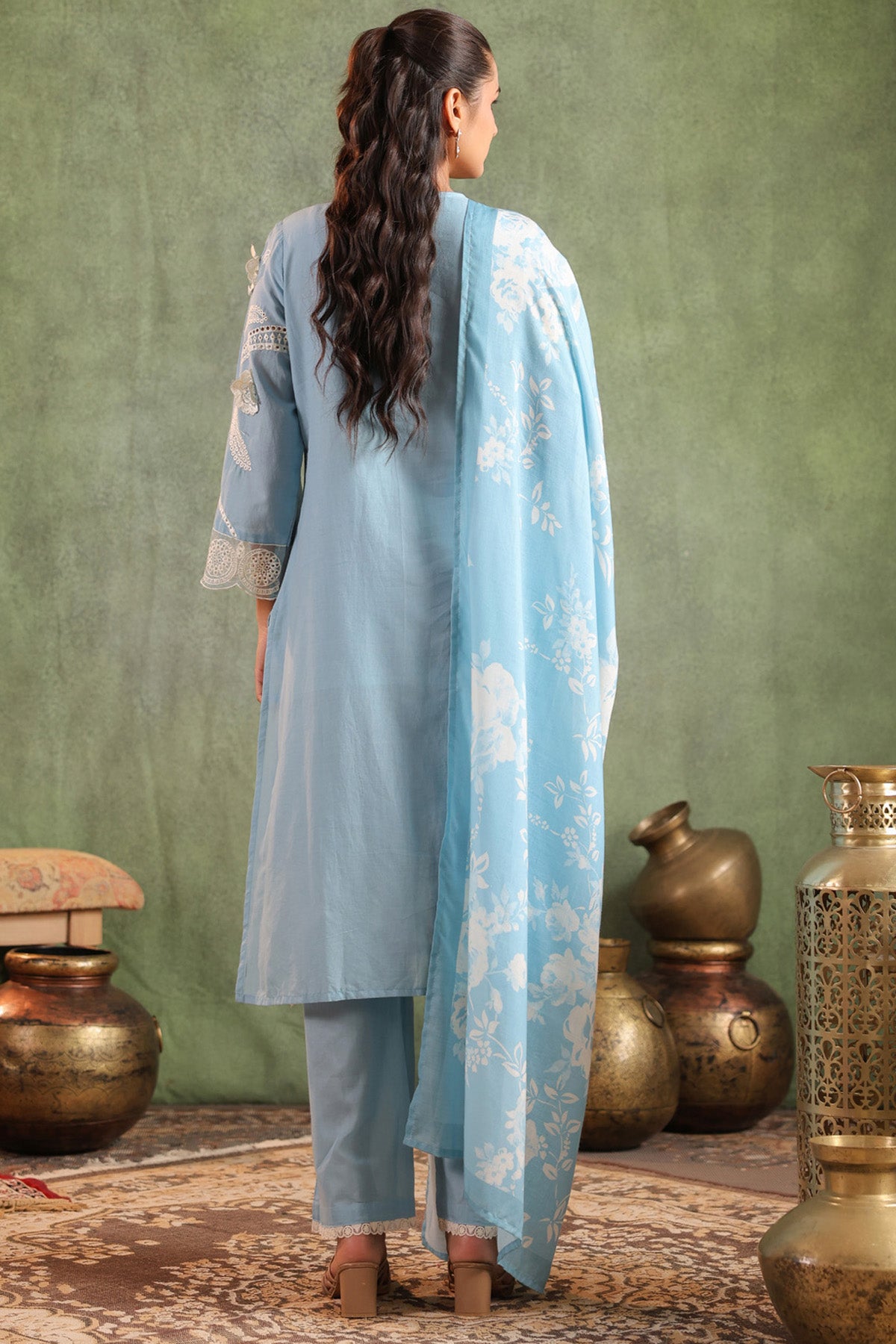 Sky Cotton Embroidered Suit Set
