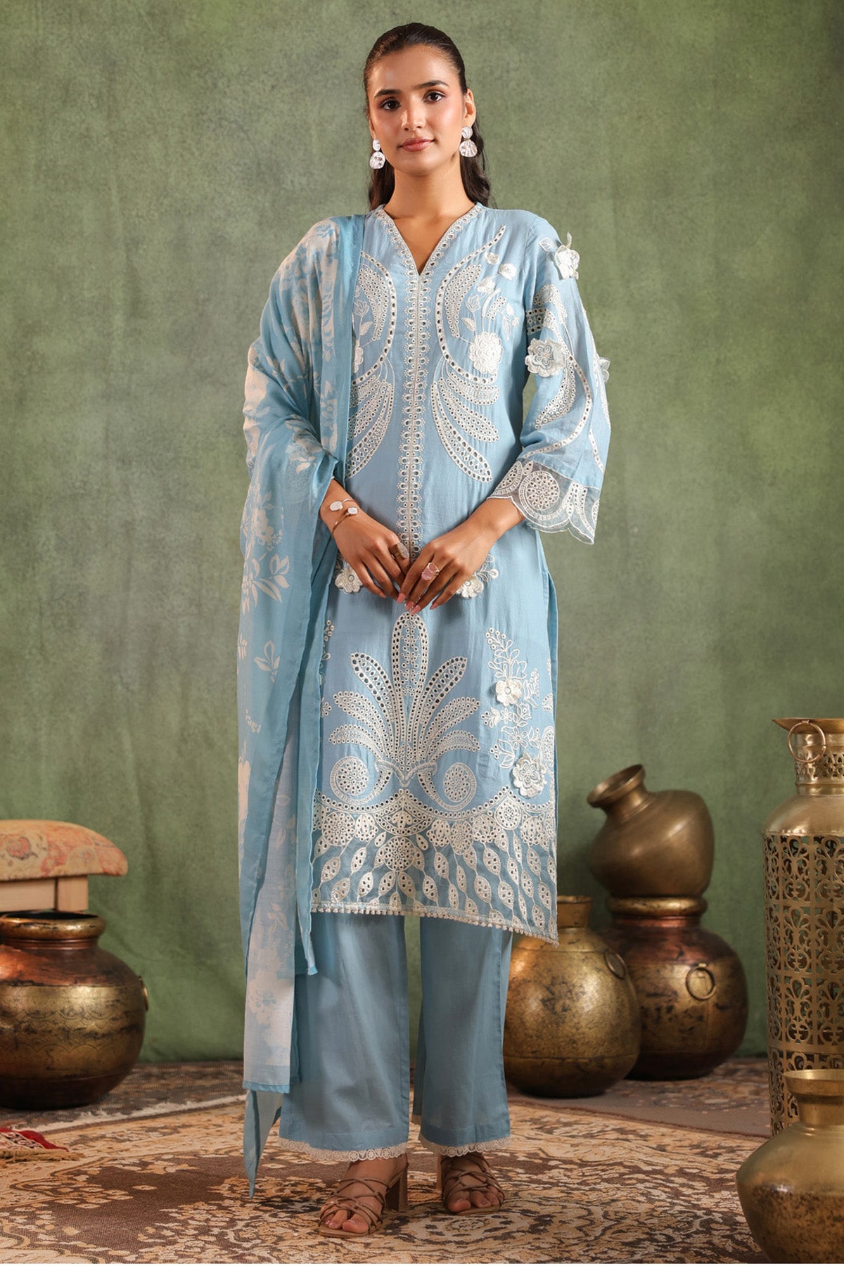 Sky Cotton Embroidered Suit Set